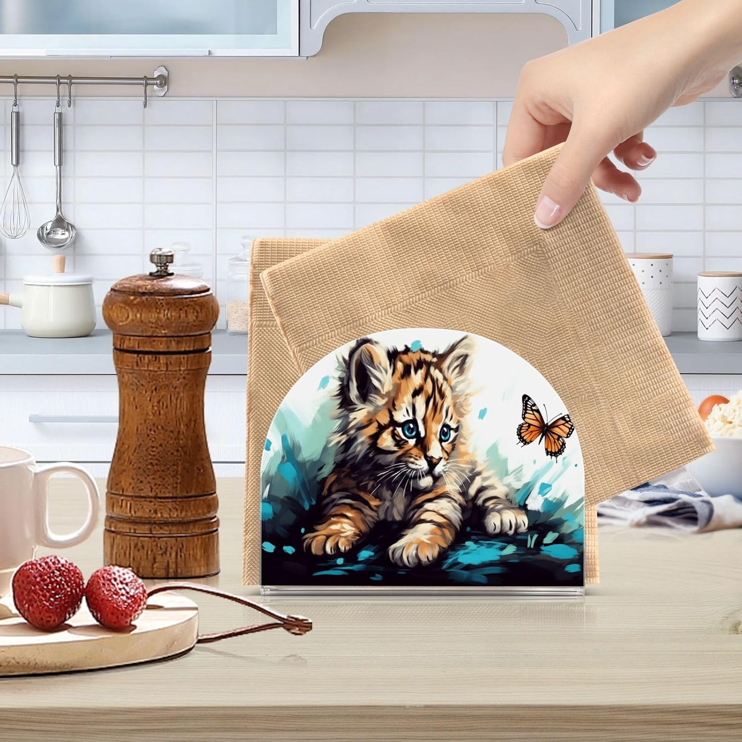 Napkin Holder Cat Plays Butterfly Napkin Holders for Tables, Clear Acrylic Napkin Holders Cocktail Napkin Holder for Kitchen Restaurant Bar Home