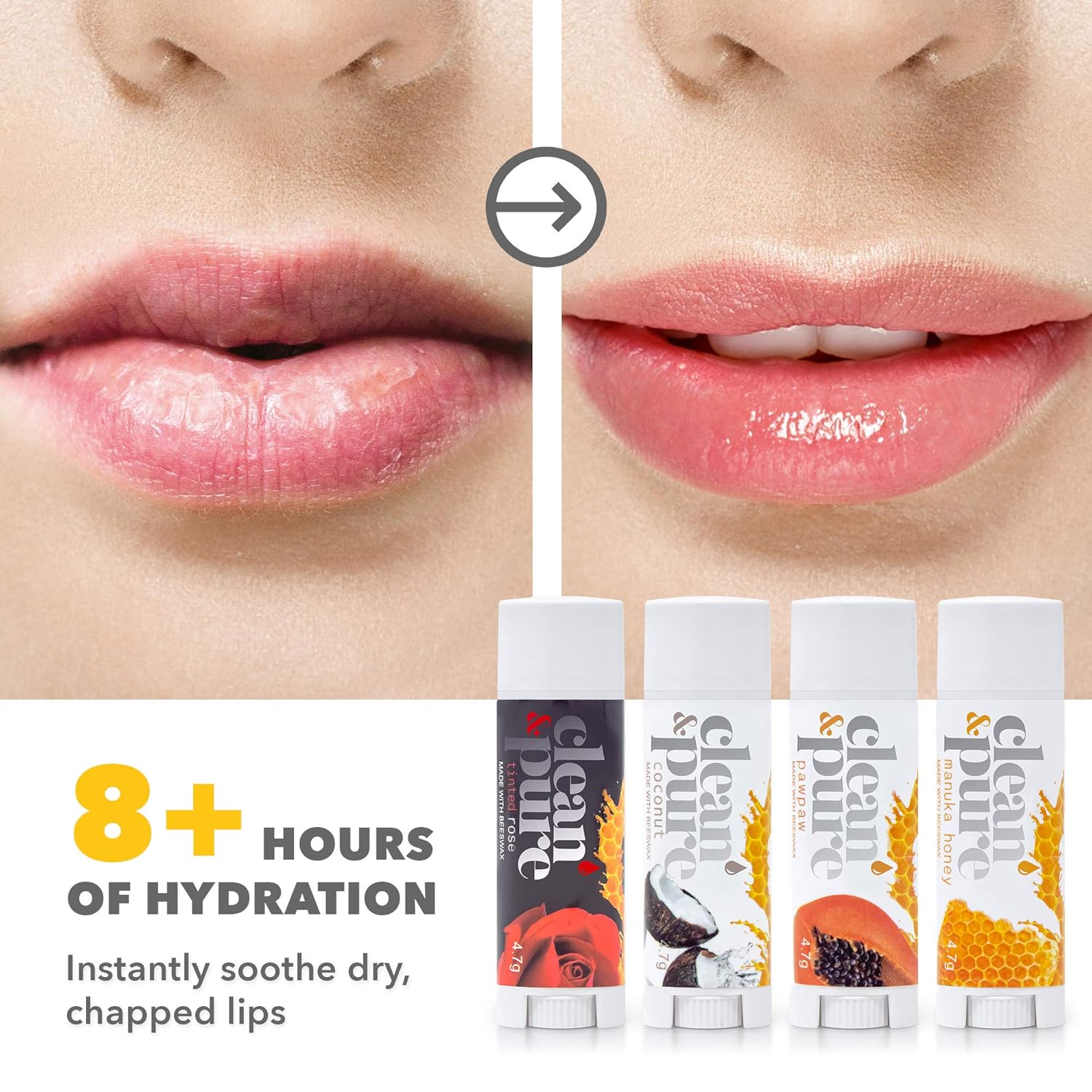 Clean & Pure Bálsamo labial – Bees Knees (paquete de 4)  Productos de belleza de miel de manuka  Aceite de vitamina E  Bálsamo labial saborizado