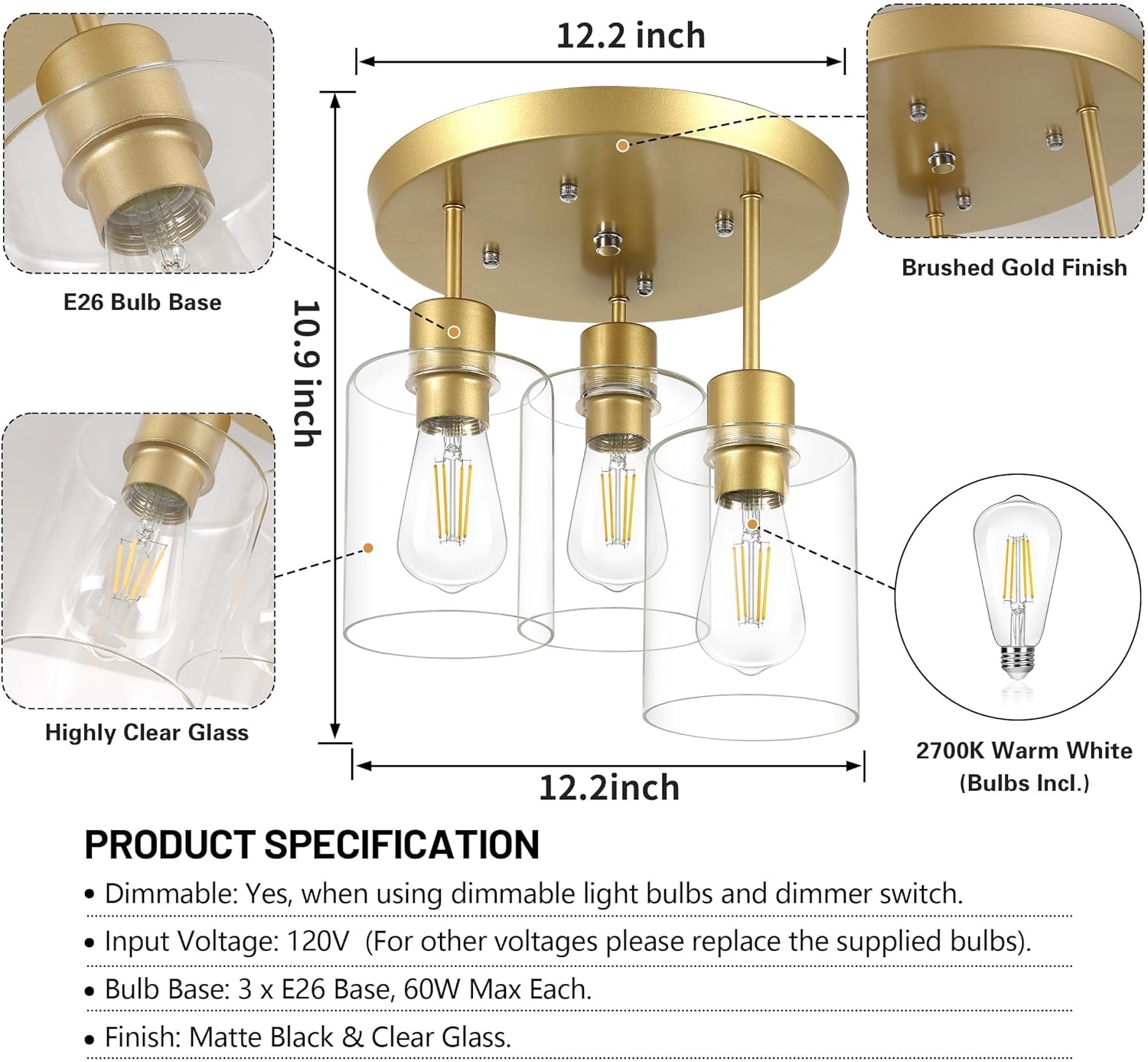 Lámpara de techo semiempotrada con pantalla de vidrio transparente, acabado dorado de latón, 3 lámparas de cocina, lámparas de pasillo, lámparas