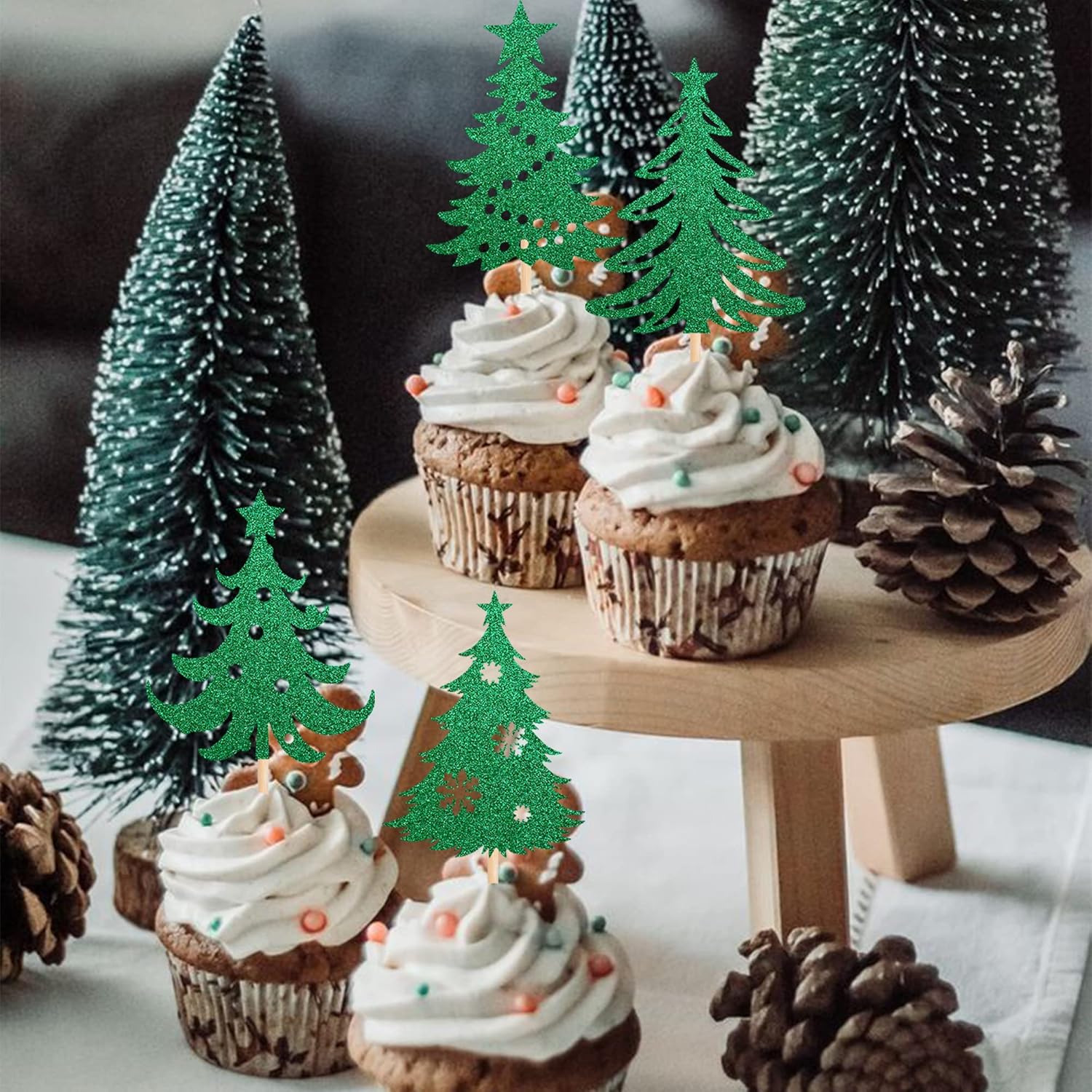 24 piezas de adornos para cupcakes para árbol de Navidad con estrella verde purpurina para árbol de Navidad para temática de Feliz Navidad, Año