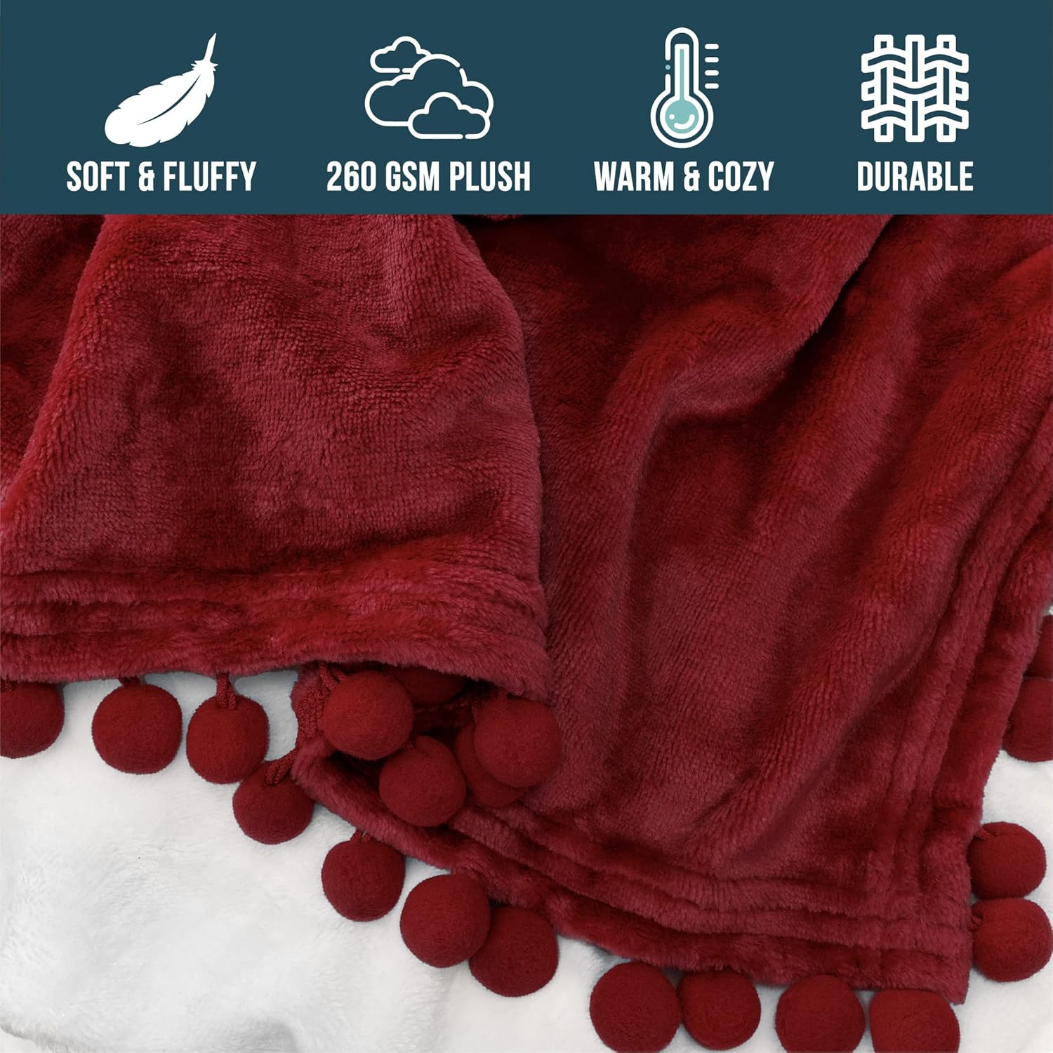 PAVILIA Manta roja granate con pompones, tamaño individual, suave forro polar acogedor con flecos y pompones, manta decorativa para el hogar, manta