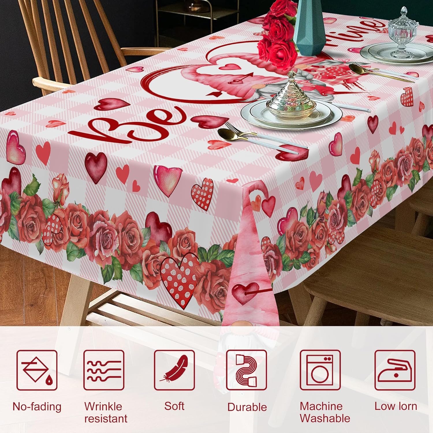 Mantel redondo de San Valentín, mantel redondo de 52 pulgadas, diseño de gnomos de San Valentín con corazones y rosas de amor a cuadros, decoración