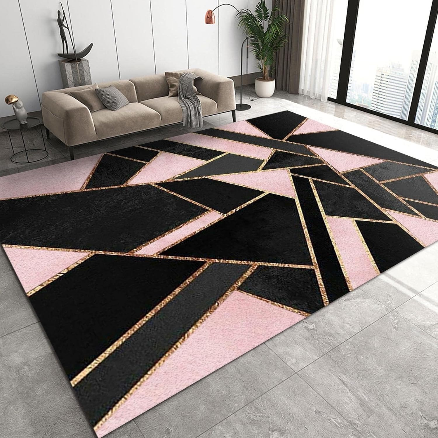 AONIGE Alfombra de área con textura de mármol negro y rosa, con líneas geométricas irregulares doradas abstractas para decoración, súper suave,