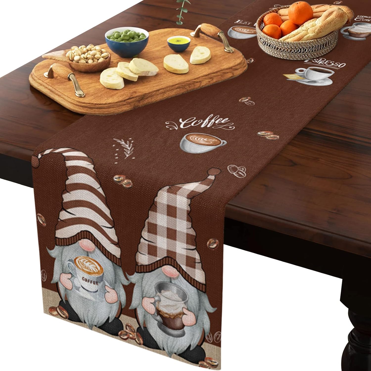Coffee Time – Bufandas de mesa marrones, lindos gnomos de granos de café, lino y algodón, caminos de mesa para cocina, comedor, cafetería,