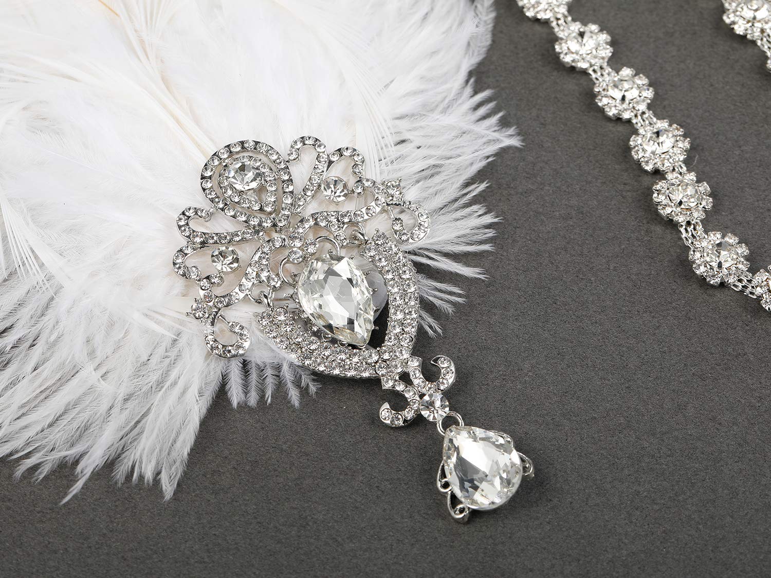 SWEETV Diadema de plumas de los años 20, color marfil, diadema de cristal de plumas de avestruz, accesorios para el cabello de gran Gatsby para