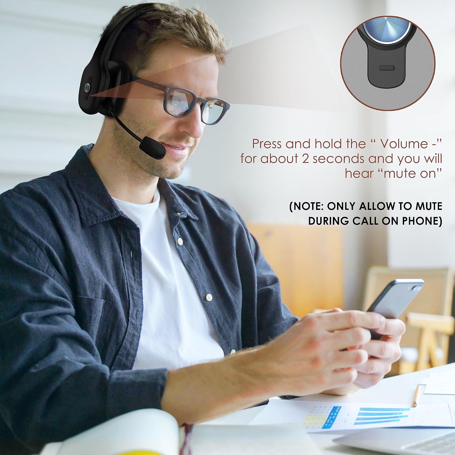 Auriculares Bluetooth, auriculares Bluetooth para camionero con micrófono, 60 horas de tiempo de trabajo, auriculares inalámbricos en la oreja para