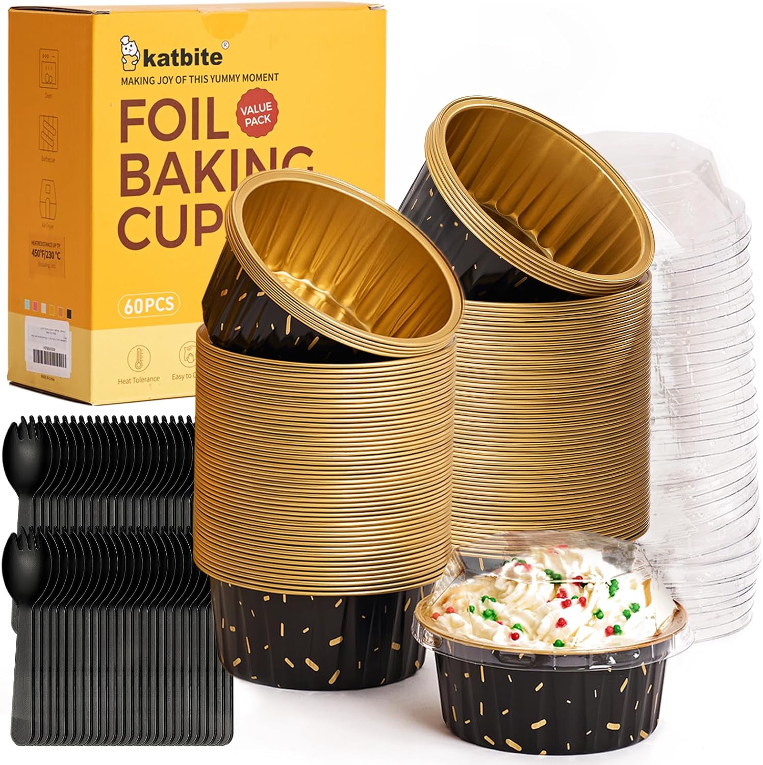 Katbite – Ramekins desechables con tapas, paquete de 60 tazas de papel de aluminio de 5 onzas para hornear, moldes para magdalenas para crema