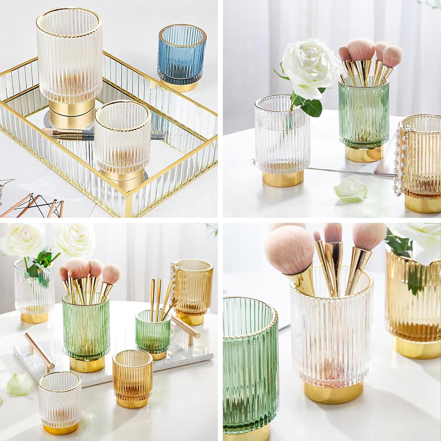 DASITON Organizador de brochas de maquillaje, cepillo de maquillaje cosmético de cristal, soporte de almacenamiento de pinceles de vidrio, soporte