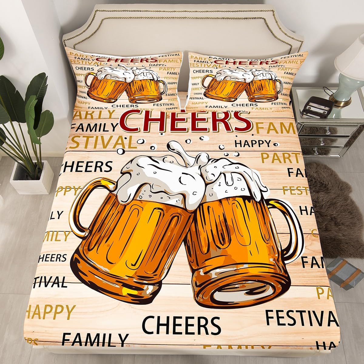 Juego de sábanas temáticas de animación y cerveza, tamaño individual, juego de ropa de cama de 3 piezas con diseño de taza de cerveza de dibujos
