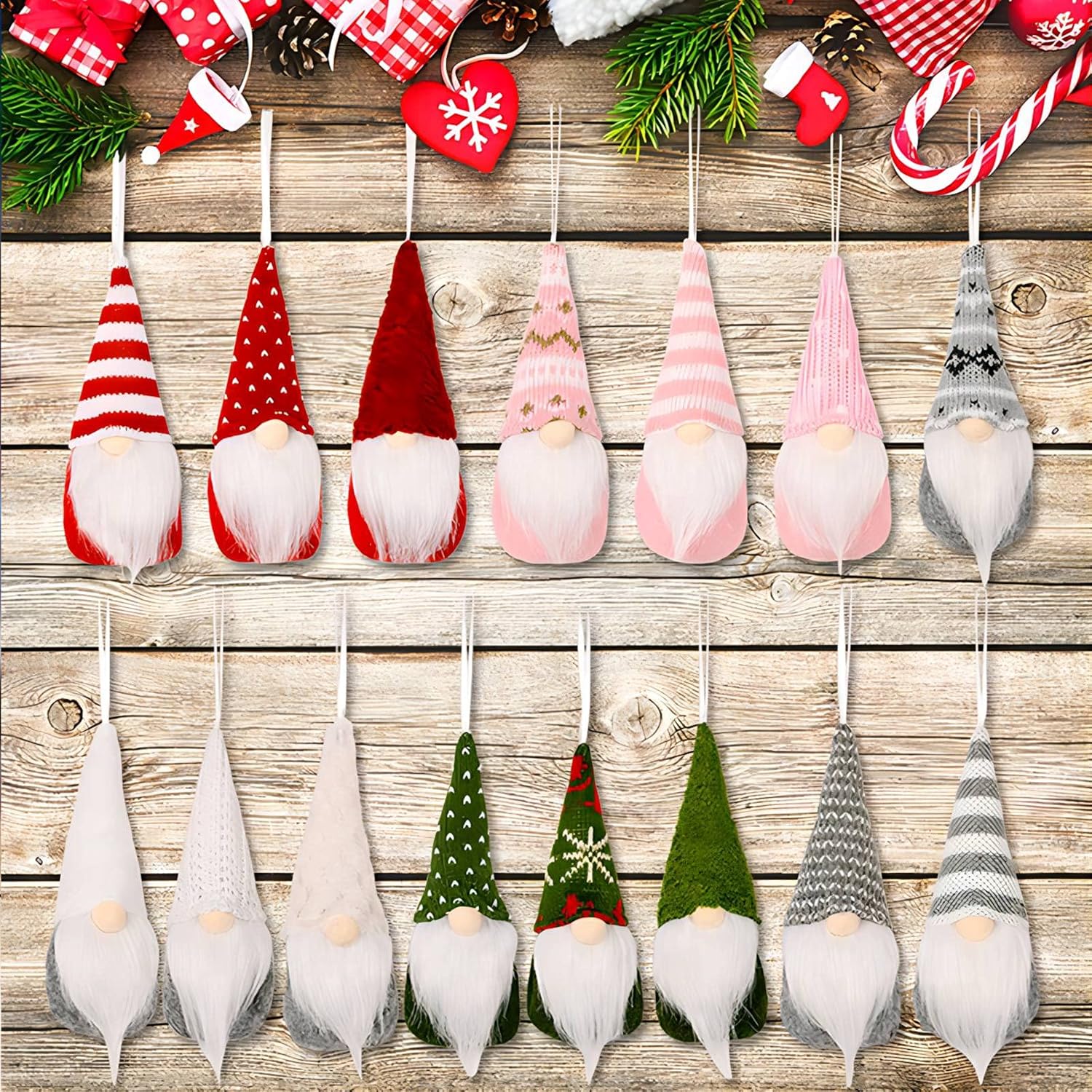 TIWEIO – Juego de 15 adornos de Navidad de gnomo, decoración de gnomo de Navidad, Papá Noel, elfo, decoración para el hogar, gnomos hechos a mano,