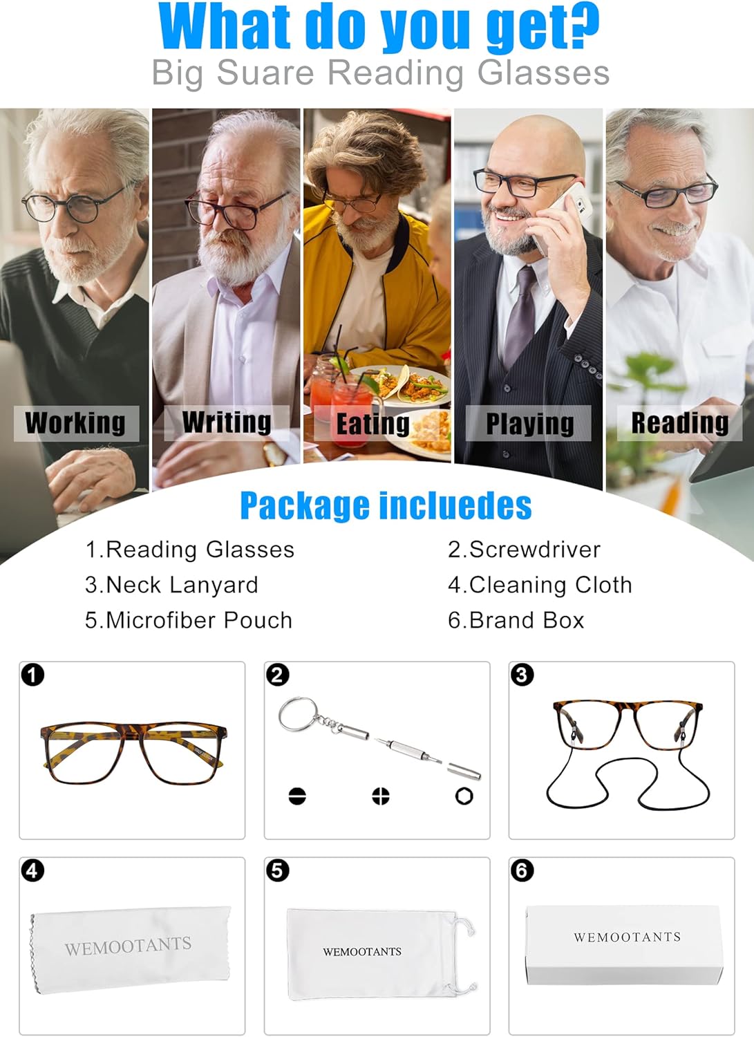 WEMOOTANTS Lentes de lectura de gran tamaño para hombre, 1.25, cuadrados, lectores ligeros, de moda, para lector de nerd 1.00, 1.25+ 1.50, 1.75,