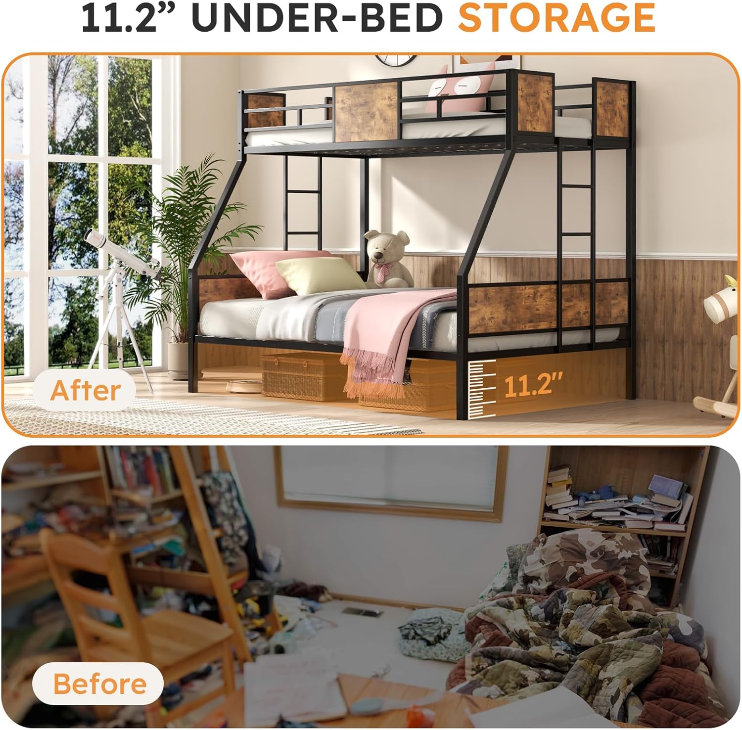 Zevemomo Litera de tamaño individual sobre matrimonial, base de cama de metal con barandilla de seguridad, literas de estilo moderno para niños,