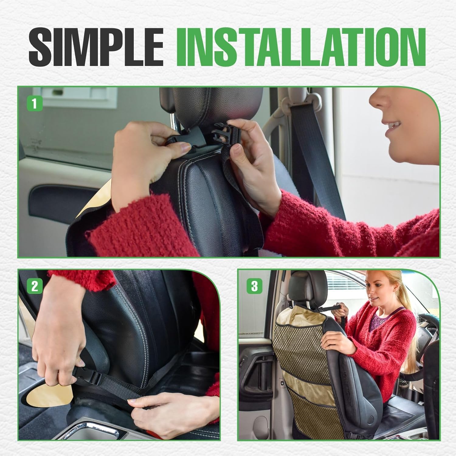 lebogner Funda de asiento trasero para niños (beige, alfombrillas para patadas + organizador de 4 bolsillos)