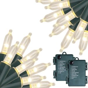 Joliyoou 50 luces LED de Navidad de color blanco cálido, 2 unidades de 16 pies, funciona con pilas, mini tira de luces de Navidad con 8 modos de Joliyoou 50 luces LED de Navidad de color blanco cálido, 2 unidades de 16 pies, funciona con pilas, mini tira de luces de Navidad con 8 modos de