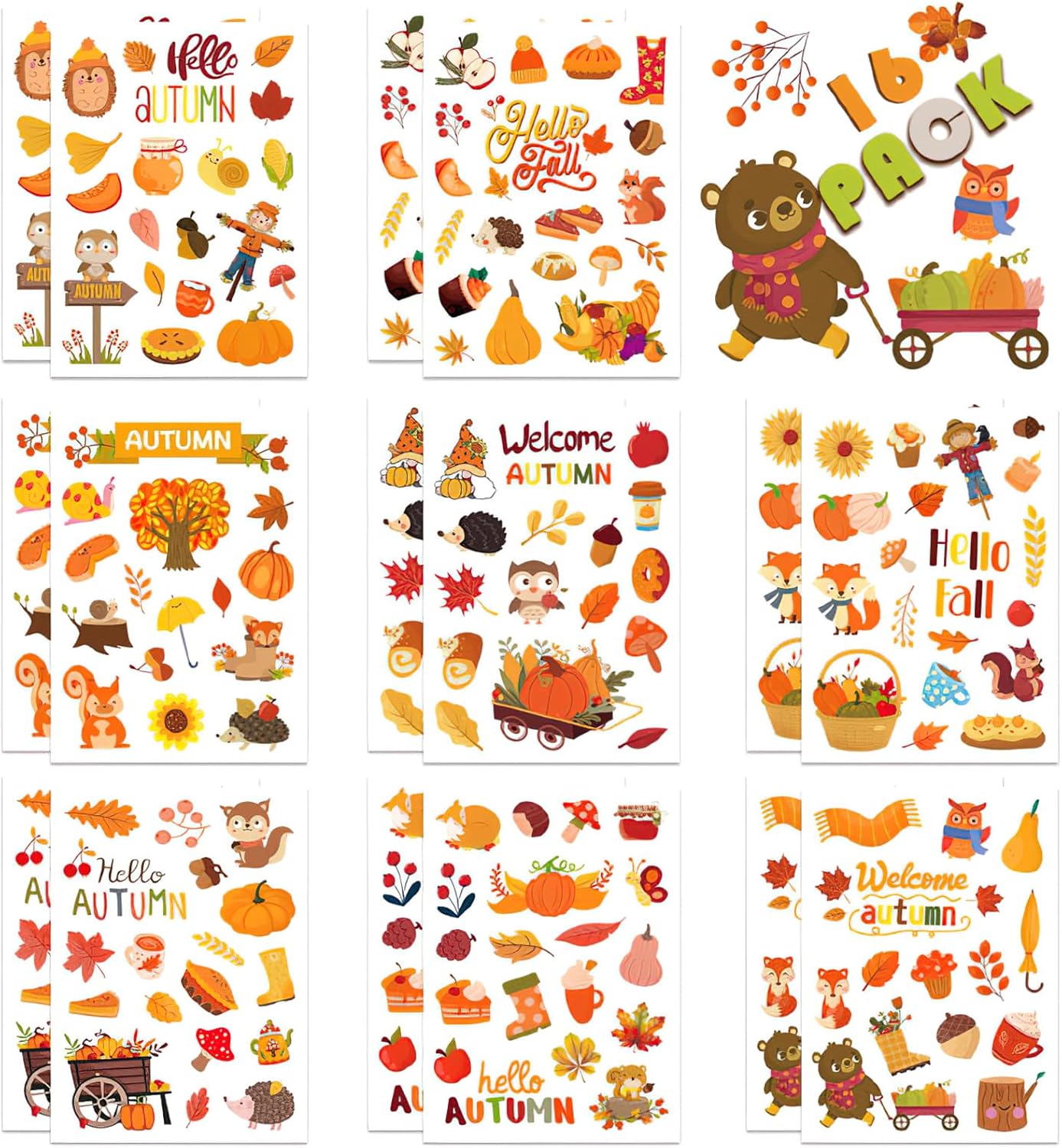 16 hojas de calcomanías de Acción de Gracias, calcomanías de otoño para niños, hojas de arce de otoño, calcomanías de lindas calcomanías de