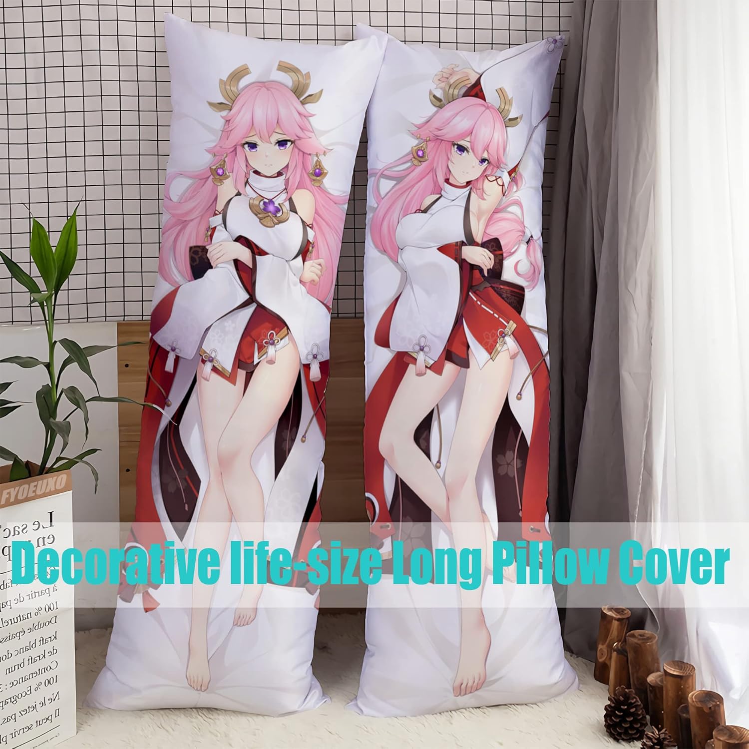 Anime Game Genshin Impact Girl Yae Miko – Funda de almohada corporal para abrazar, doble cara impresa de 59 x 19 pulgadas, funda de almohada