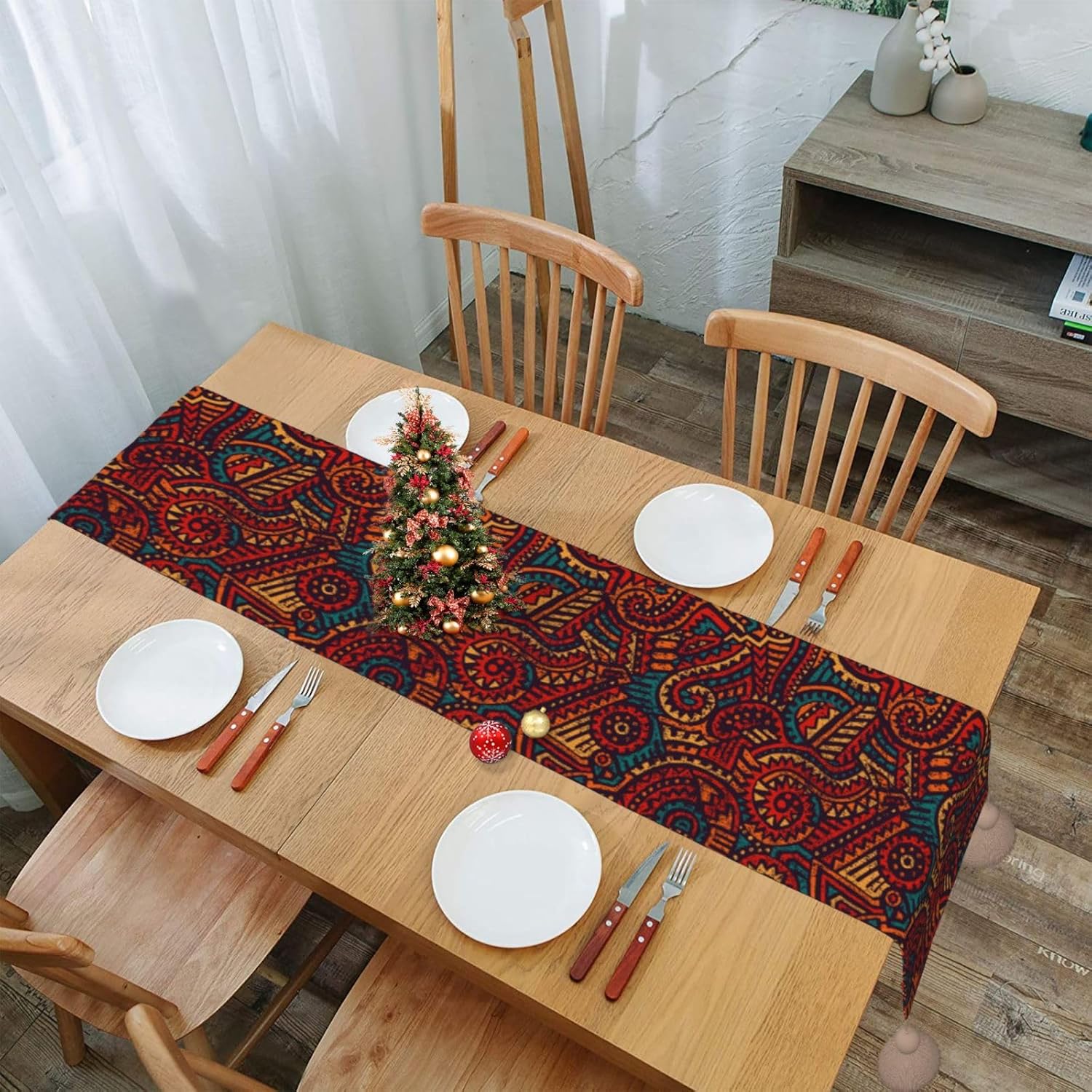 Camino de mesa de Navidad africano étnico y tribal, decoración de mesa de comedor, decoración de Navidad, decoración de interiores del hogar,