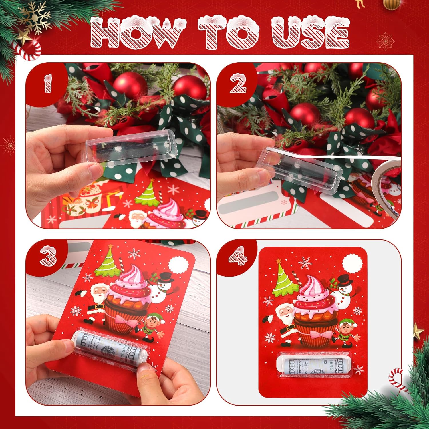 120 unidades de dinero en efectivo de Navidad para regalo en efectivo, bolsa de plástico transparente con cinta de doble cara para Navidad,