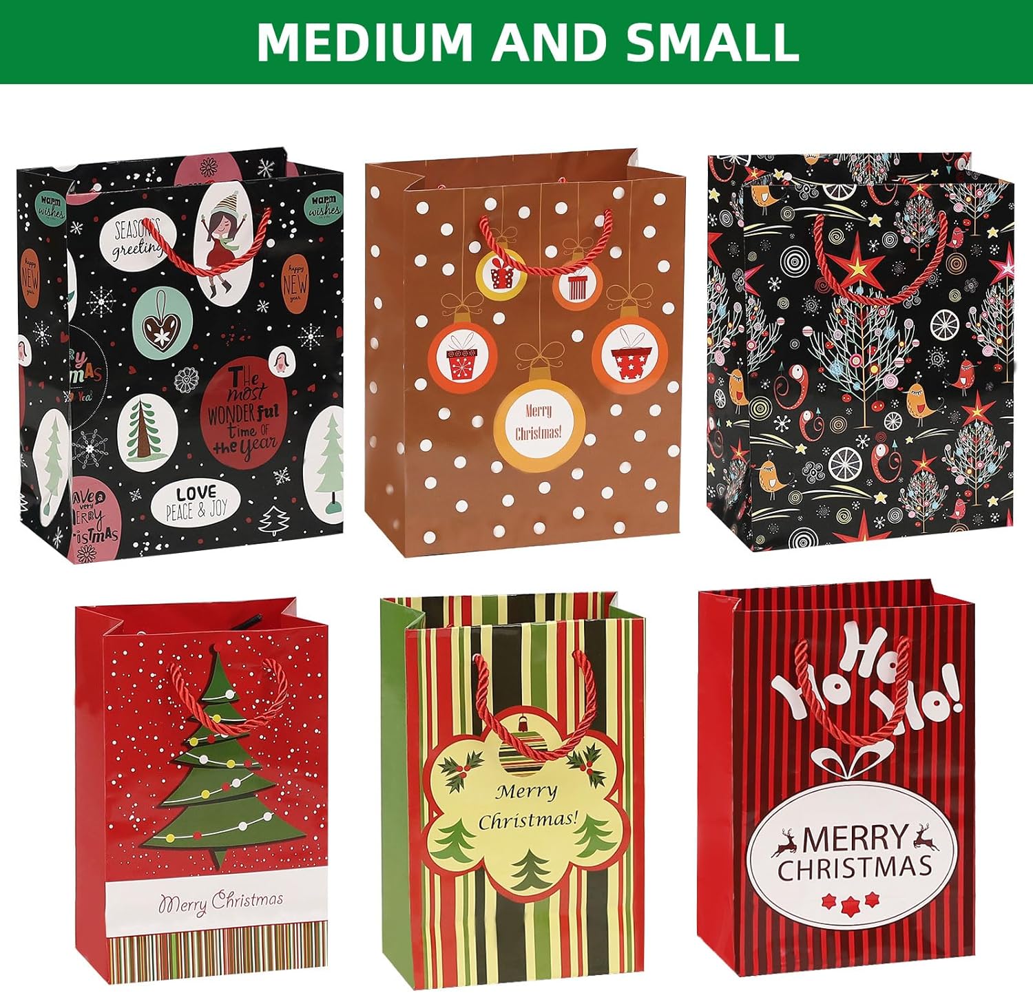 BEISHIDA 24 bolsas de regalo de Navidad de varios tamaños con asas y etiquetas, bolsas de Navidad a granel 6 extra grandes de 16 pulgadas, 6 grandes