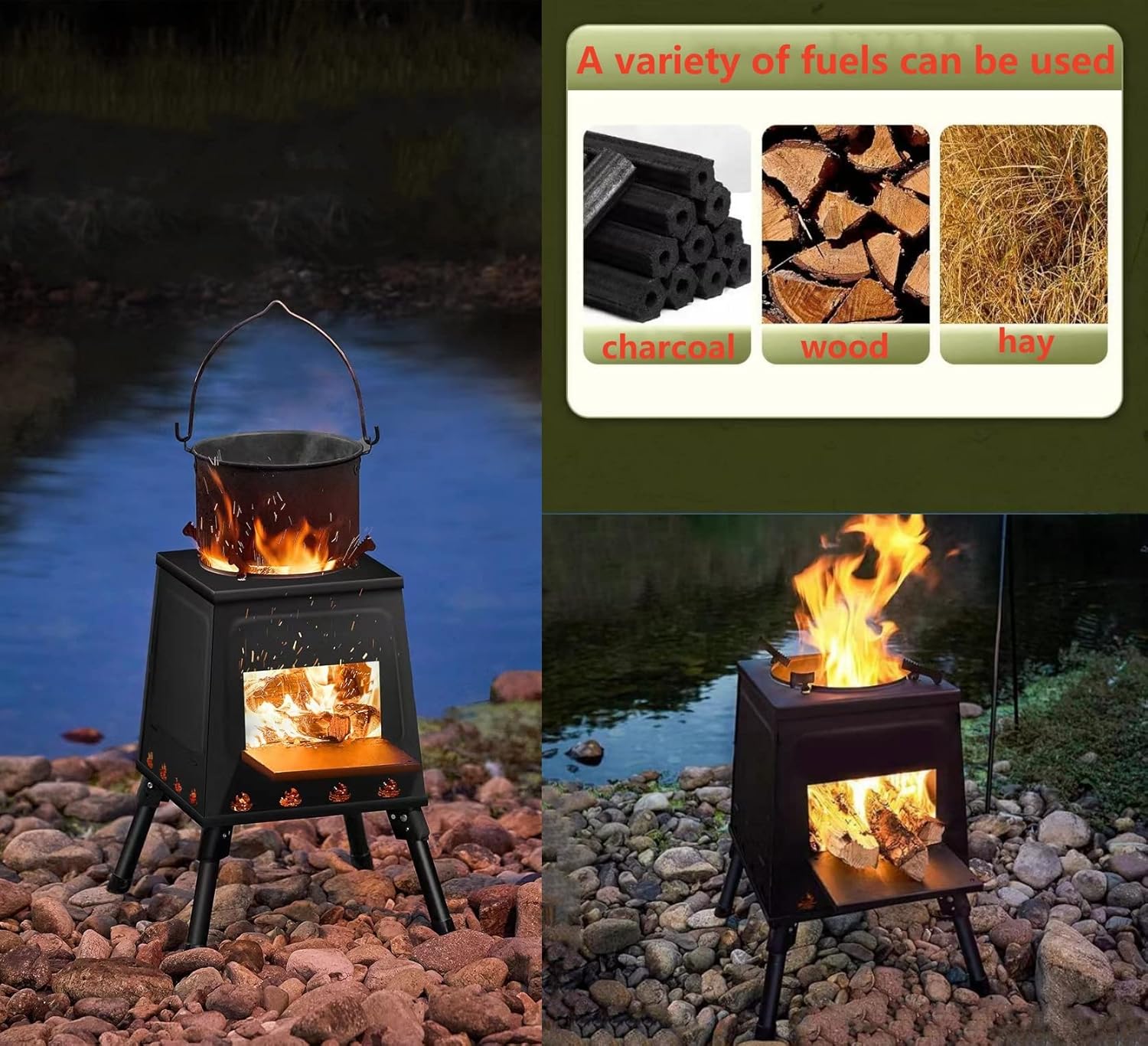 EMOTRIPS Estufa de camping portátil de acero al carbono, estufa de leña al aire libre con patas plegables para campamento al aire libre (pequeña)