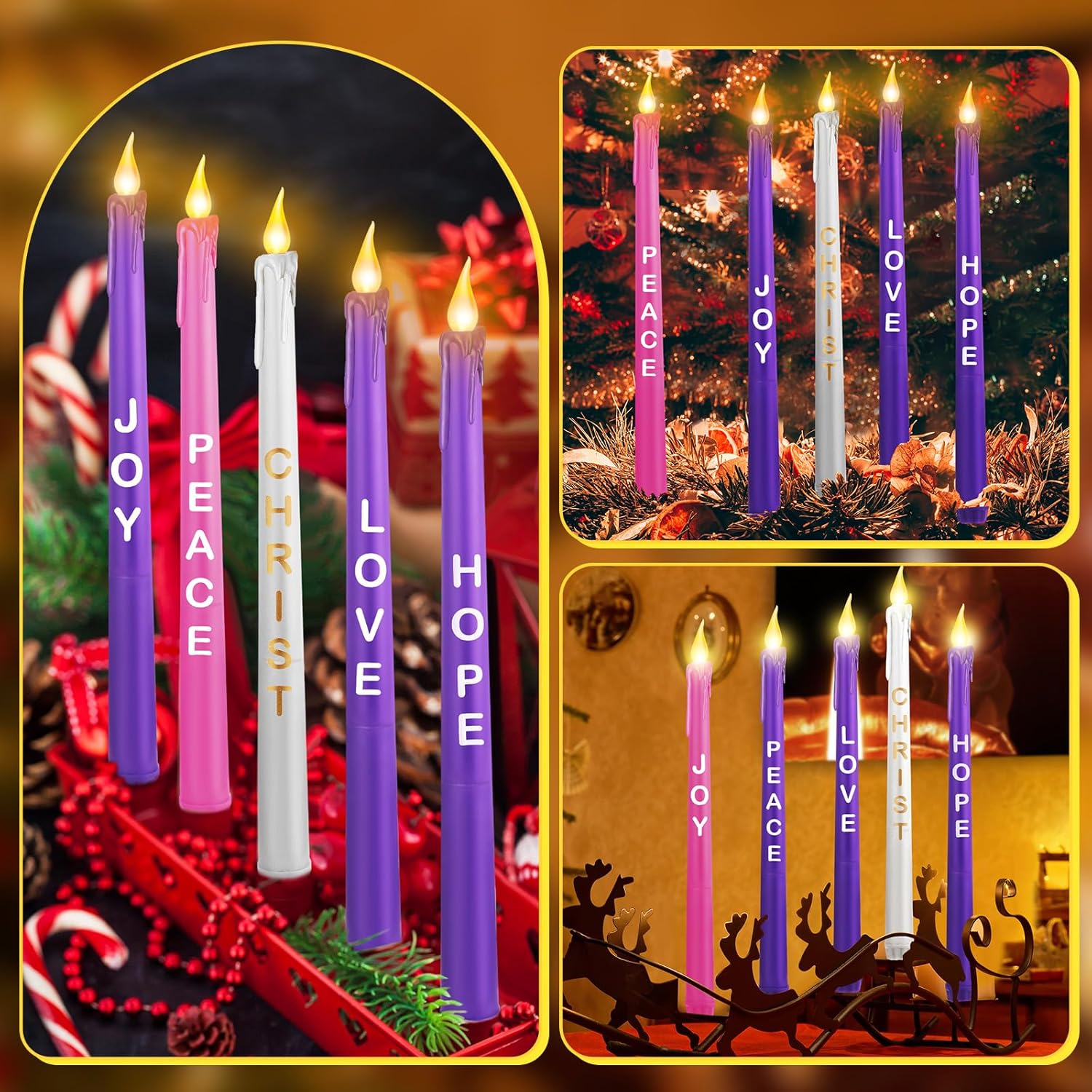 Juego de 5 velas LED de Adviento sin llama, velas de Adviento de Navidad con palabras, esperanza, paz, amor, alegría, Cristo, morado, rosa, blanco,