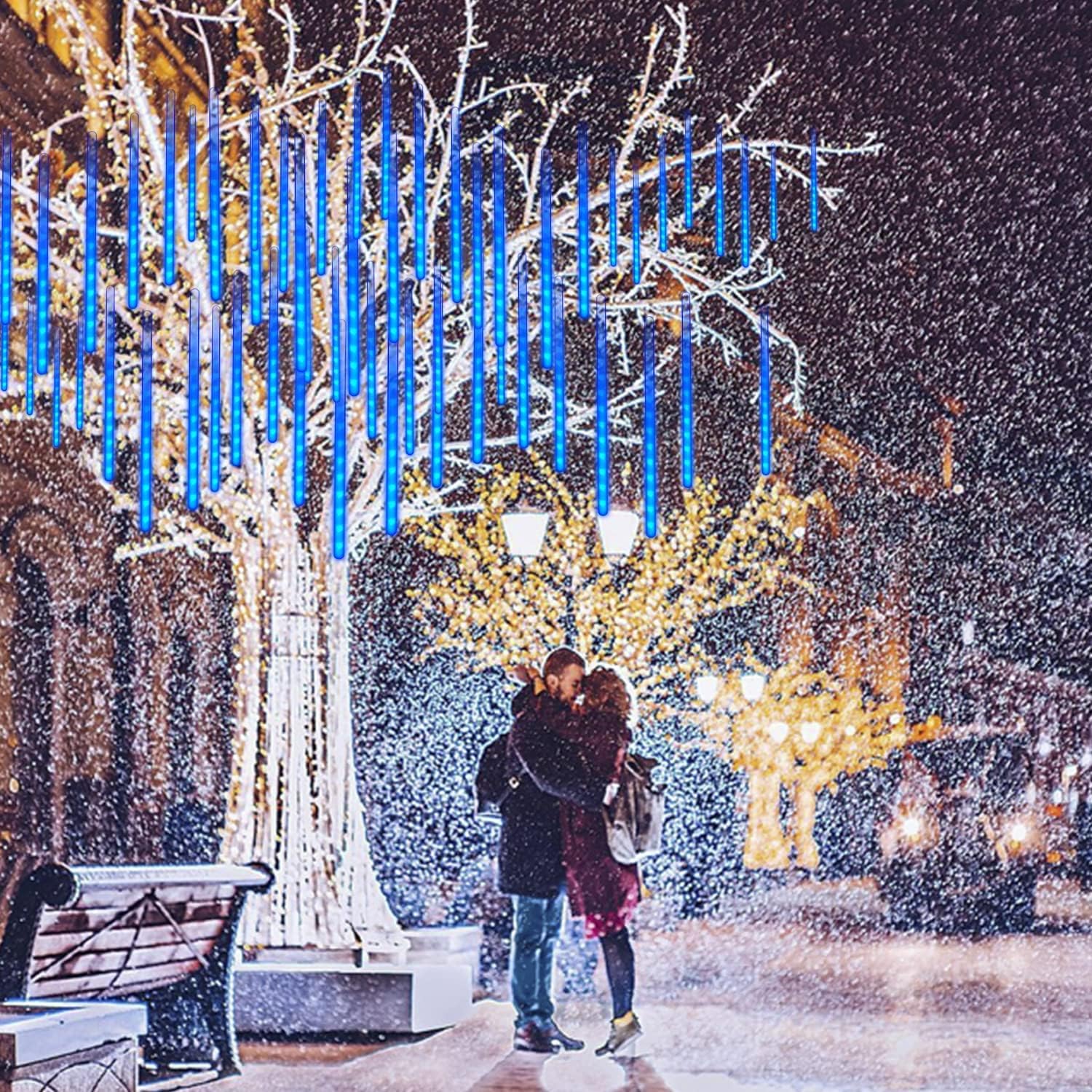 Tira de luces LED de lluvia de meteoritos para Navidad, 192 luces LED de 11.8 pulgadas, 8 tubos, impermeable, carámbano, nieve, caída, guirnalda de