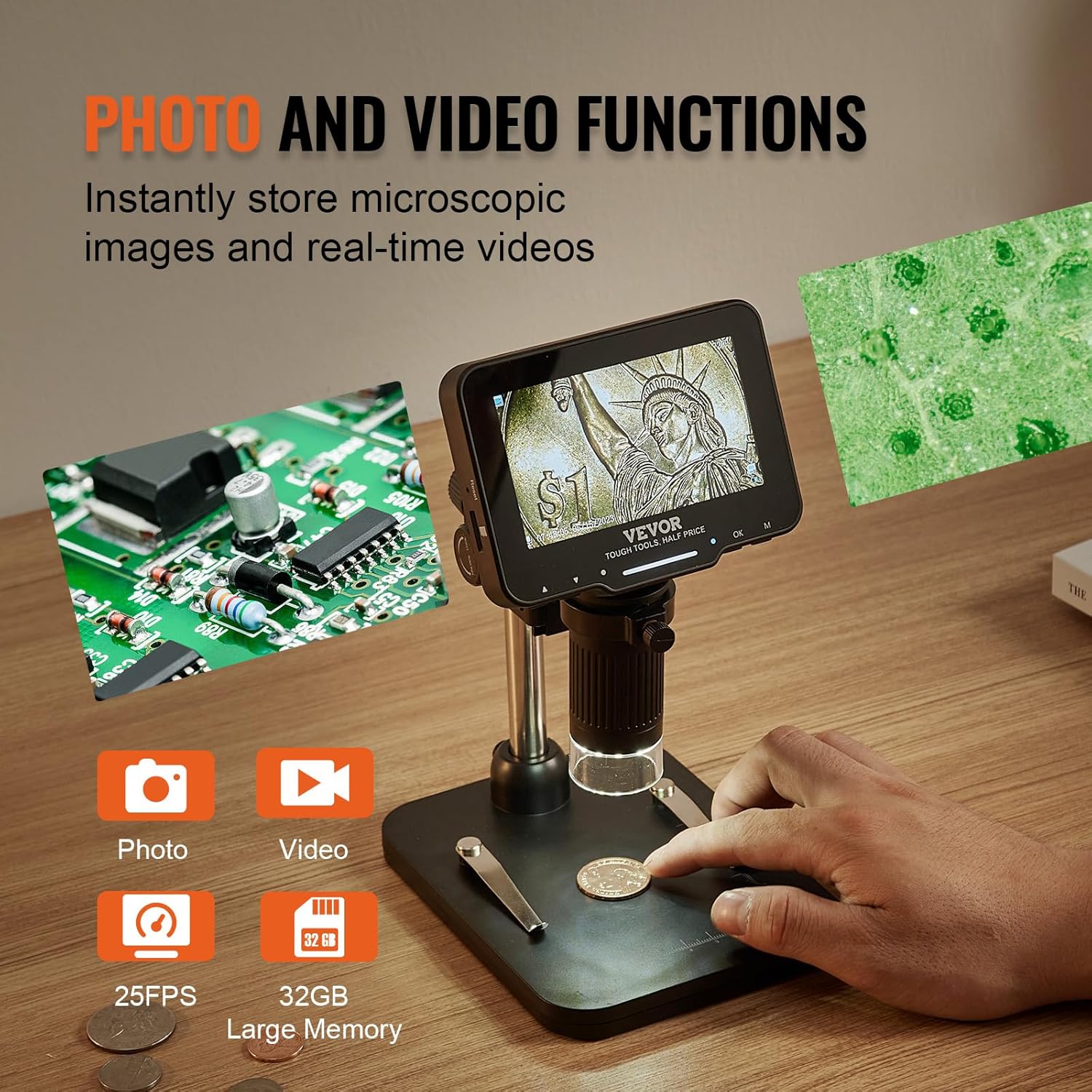 VEVOR Microscopio digital LCD para adultos y niños, pantalla IPS de 4.3 pulgadas, microscopio de monedas 50X  aumento de 1000X con 8 luces LED,