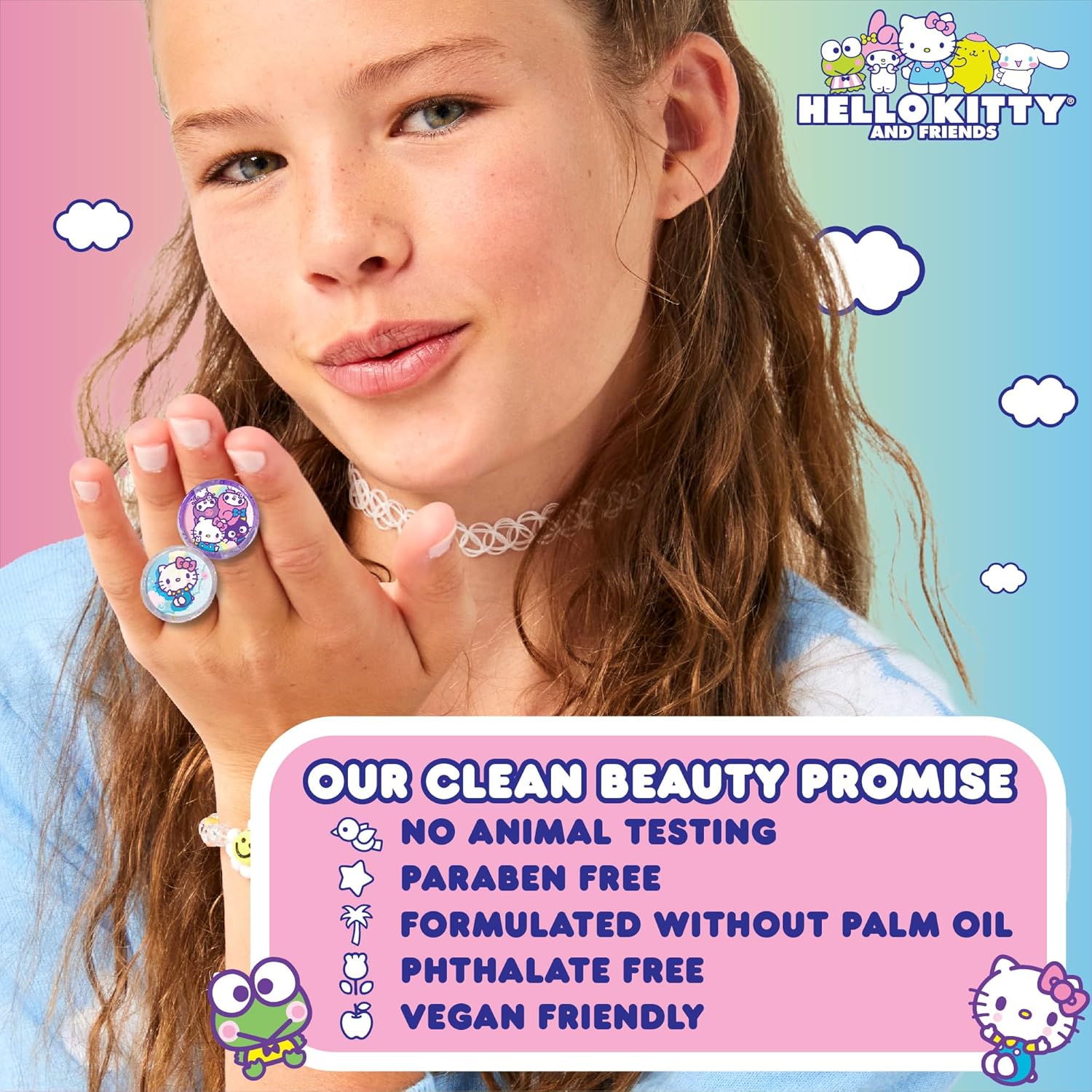 Hello Kitty Sanrio and Friends – Kit de fabricación de brillo labial brillante, hace 5 anillos de brillo de labios con purpurina, kit de brillo de