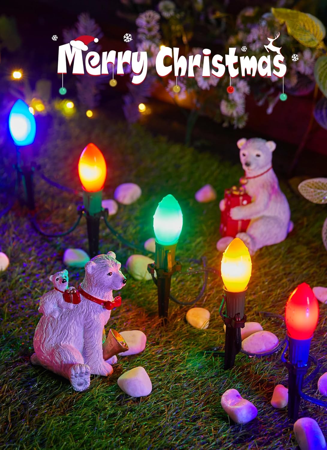 Luces de Navidad C9 esmeriladas para exteriores, 25.7 pies, luces de camino de Navidad con 20 bombillas LED y estacas, decoraciones de Navidad