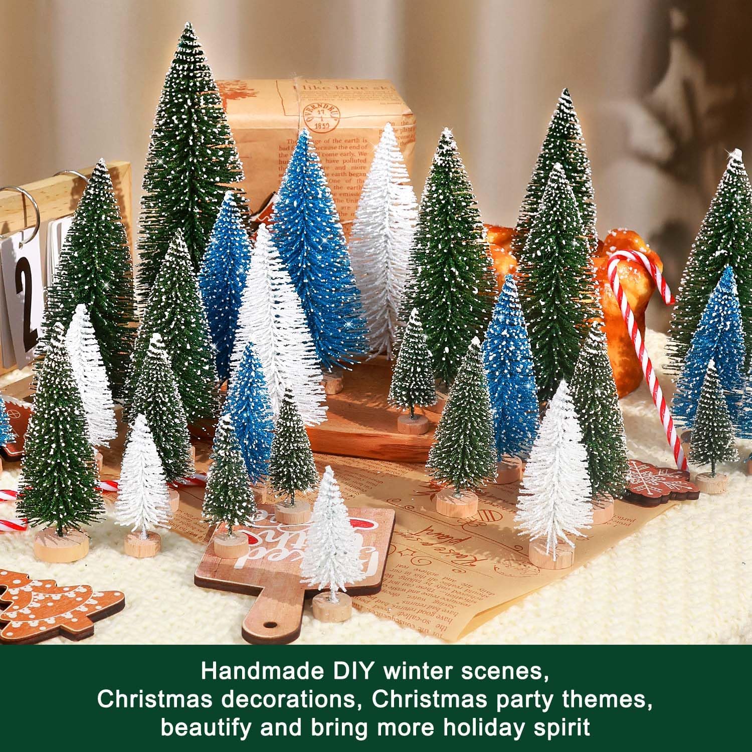 30 piezas de mini árboles de Navidad artificiales para árbol de Navidad, árboles de cepillo con base de madera para decoración de Navidad, fiesta de