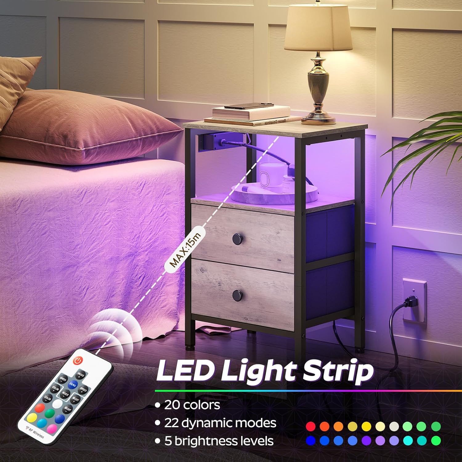 YATINEY Mesitas de noche con estación de carga, mesita de noche con luces LED, mesa auxiliar con 2 cajones no tejidos, mesa auxiliar para