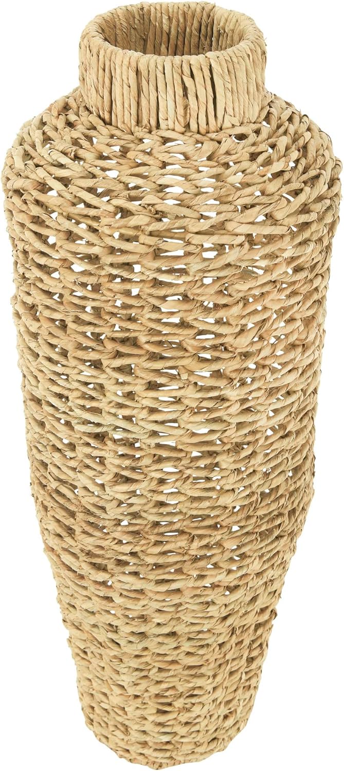 Creative Co-Op Jarrón de piso de ratán y jacinto de agua tejido a mano de 30 pulgadas de alto, beige