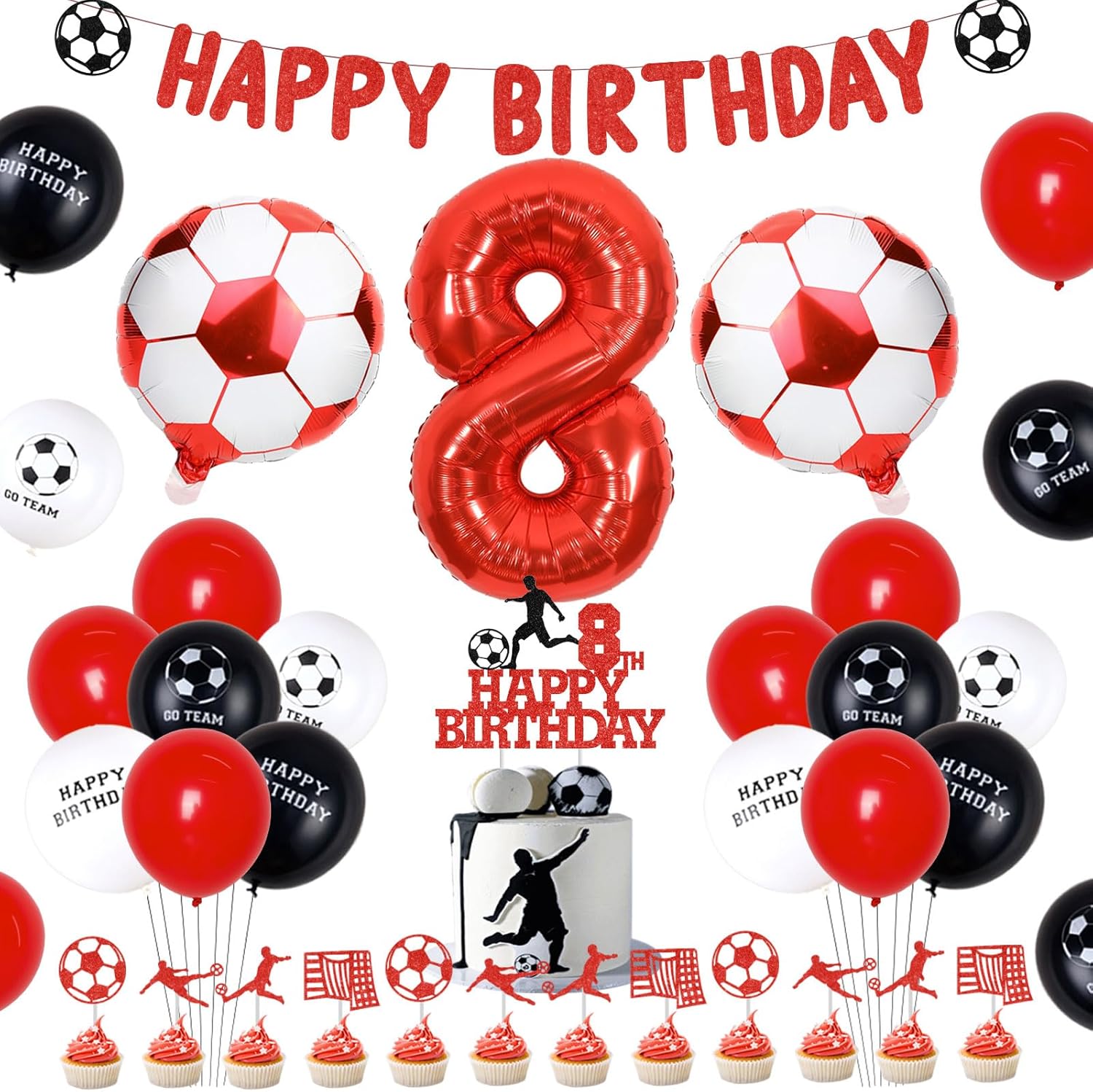 Decoraciones de fútbol de 8 cumpleaños, decoraciones de cumpleaños de fútbol rojo, globos de fútbol de 8 cumpleaños, pancarta de feliz cumpleaños,