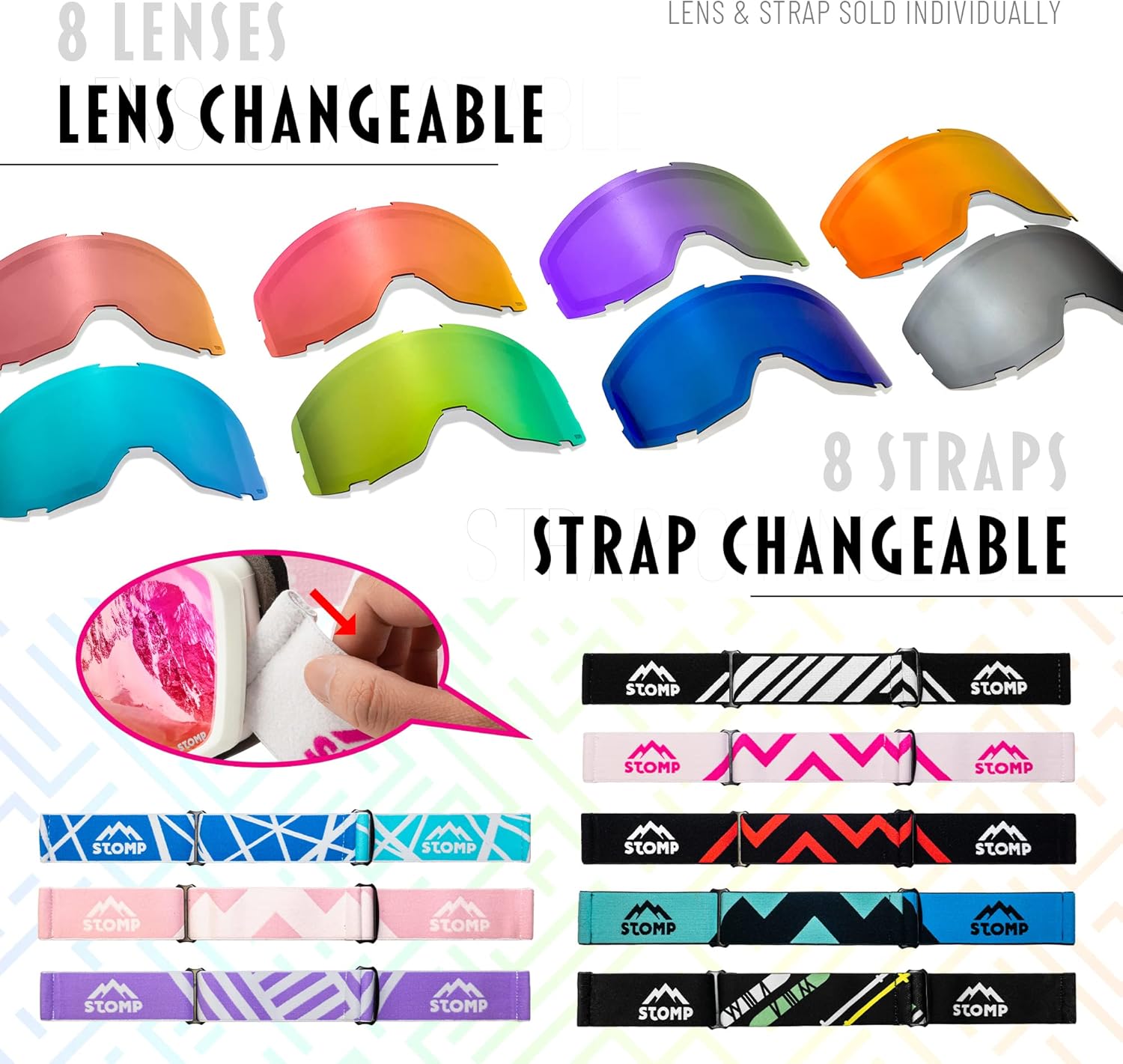 STOMP Gafas de esquí y snowboard 100% protección UV400, lentes reemplazablescorreas para hombres, mujeres y jóvenes