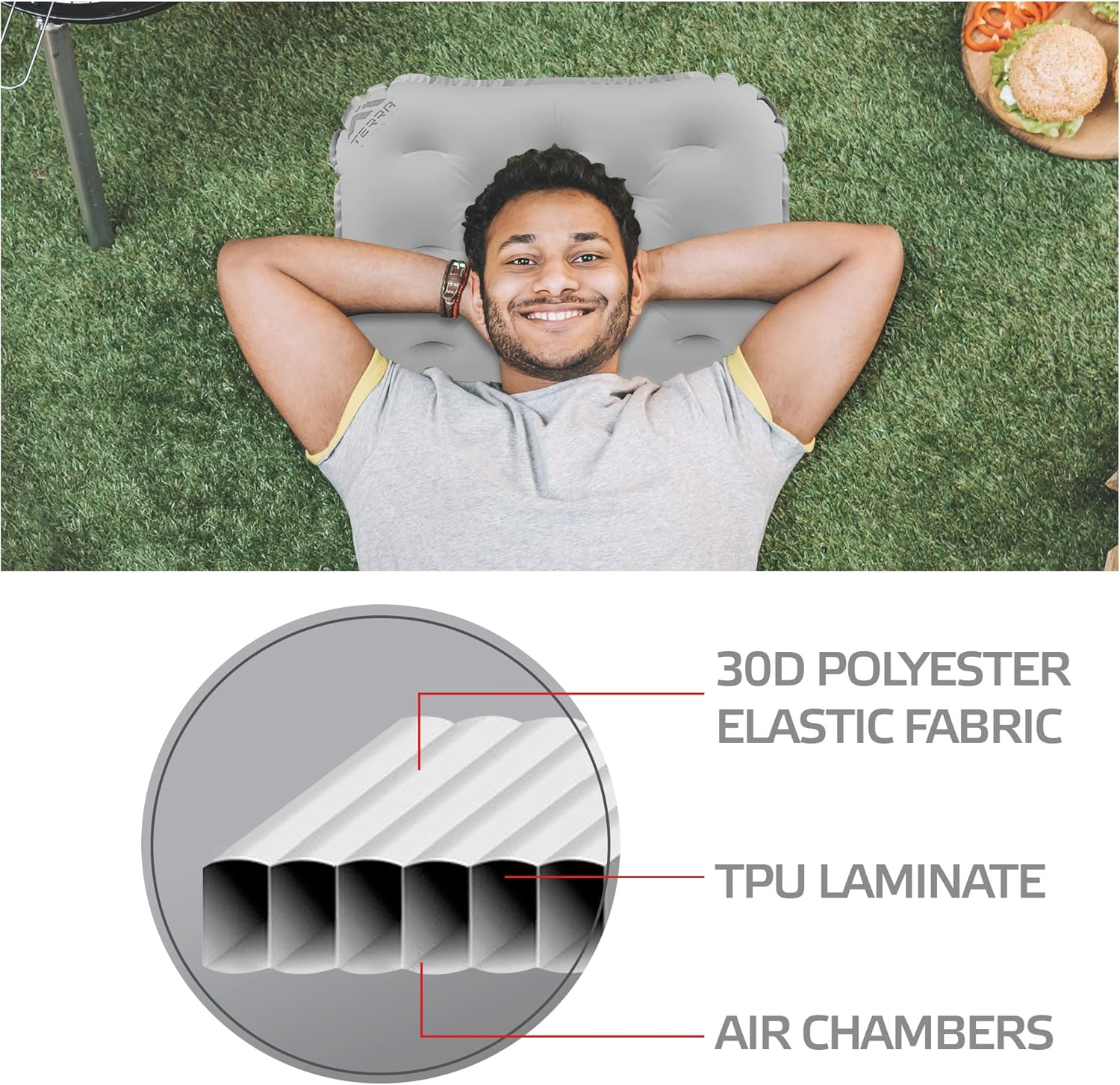 Terra Incognita Almohada inflable compacta en una funda – Almohada ultraligera para acampar y viajar – Cómoda almohada inflable para relajarse –