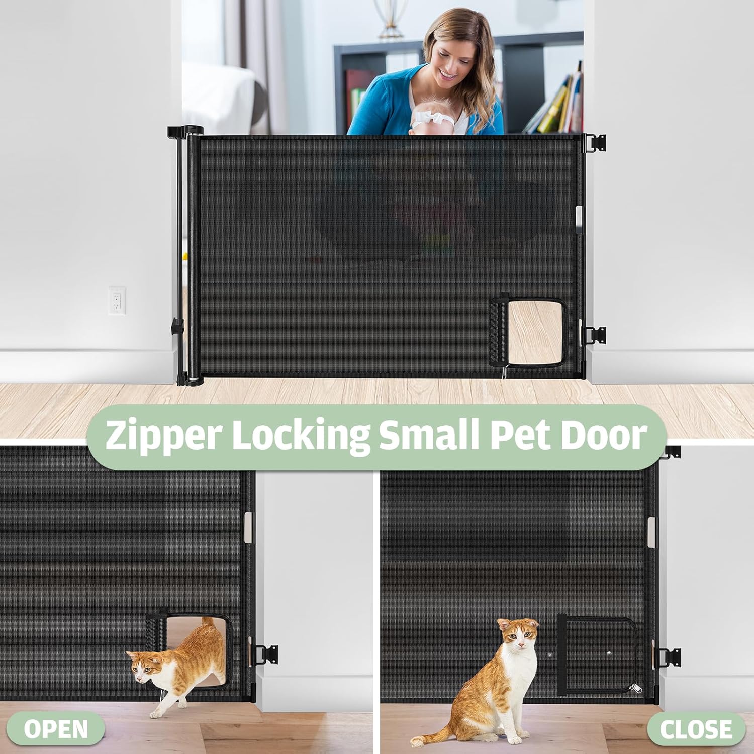 Puerta retráctil para bebé con puerta para gatos (55 pulgadas de ancho x 35 pulgadas de alto), puerta retráctil para perros con puerta para