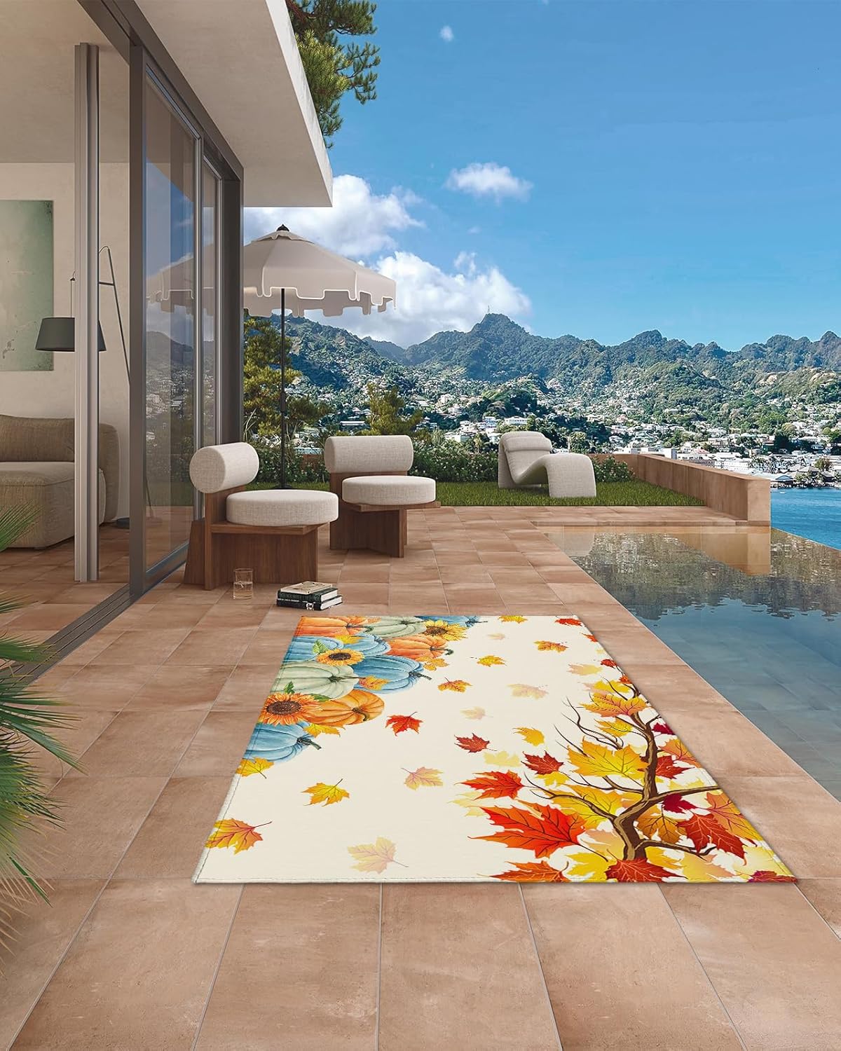Thanksgiving Fall Outdoor Rugs for 5’x8′ Patios Clearance, RV Camping Mat Rug Portable Outside Rug Indoor Outdoor Area Rug Mat for Beach Deck Pool