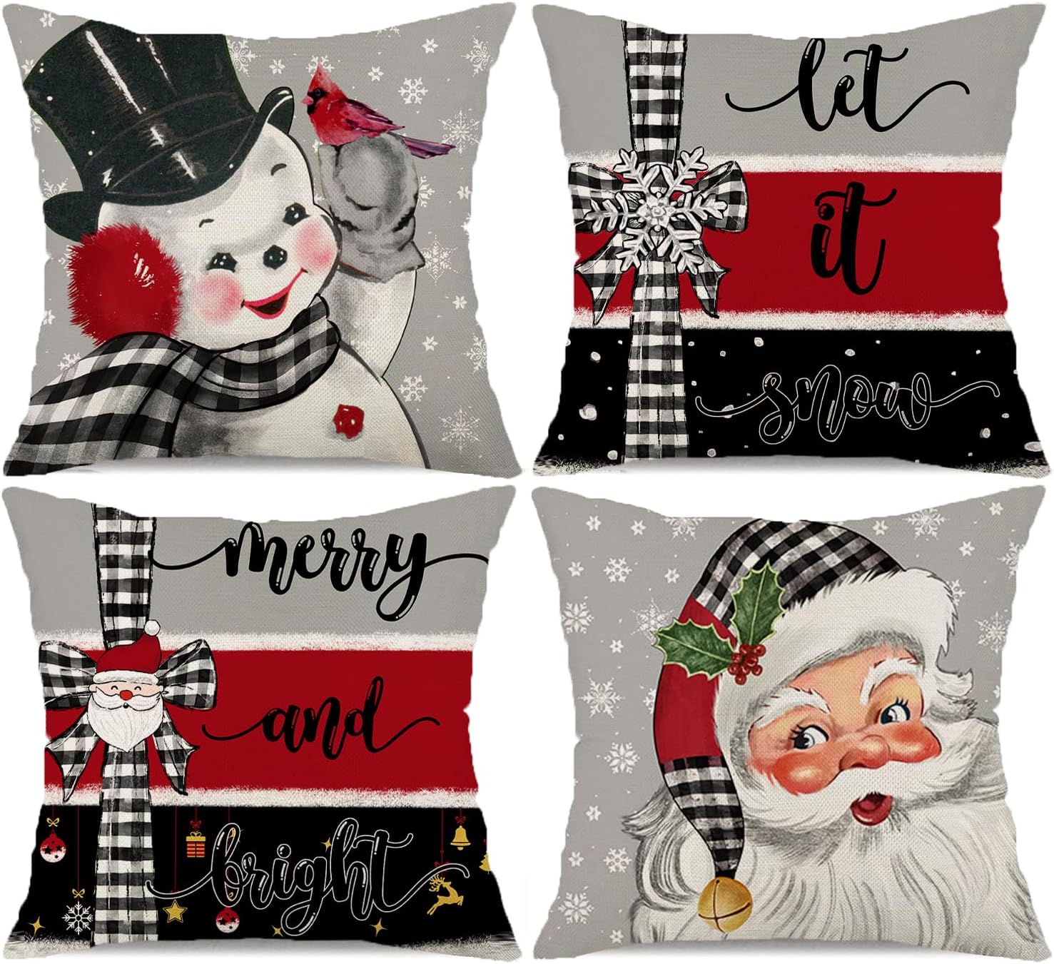 Juego de 4 fundas de almohada navideñas de búfalo de 18 x 18 pulgadas, diseño de muñeco de nieve de Papá Noel, copos de nieve, decoraciones