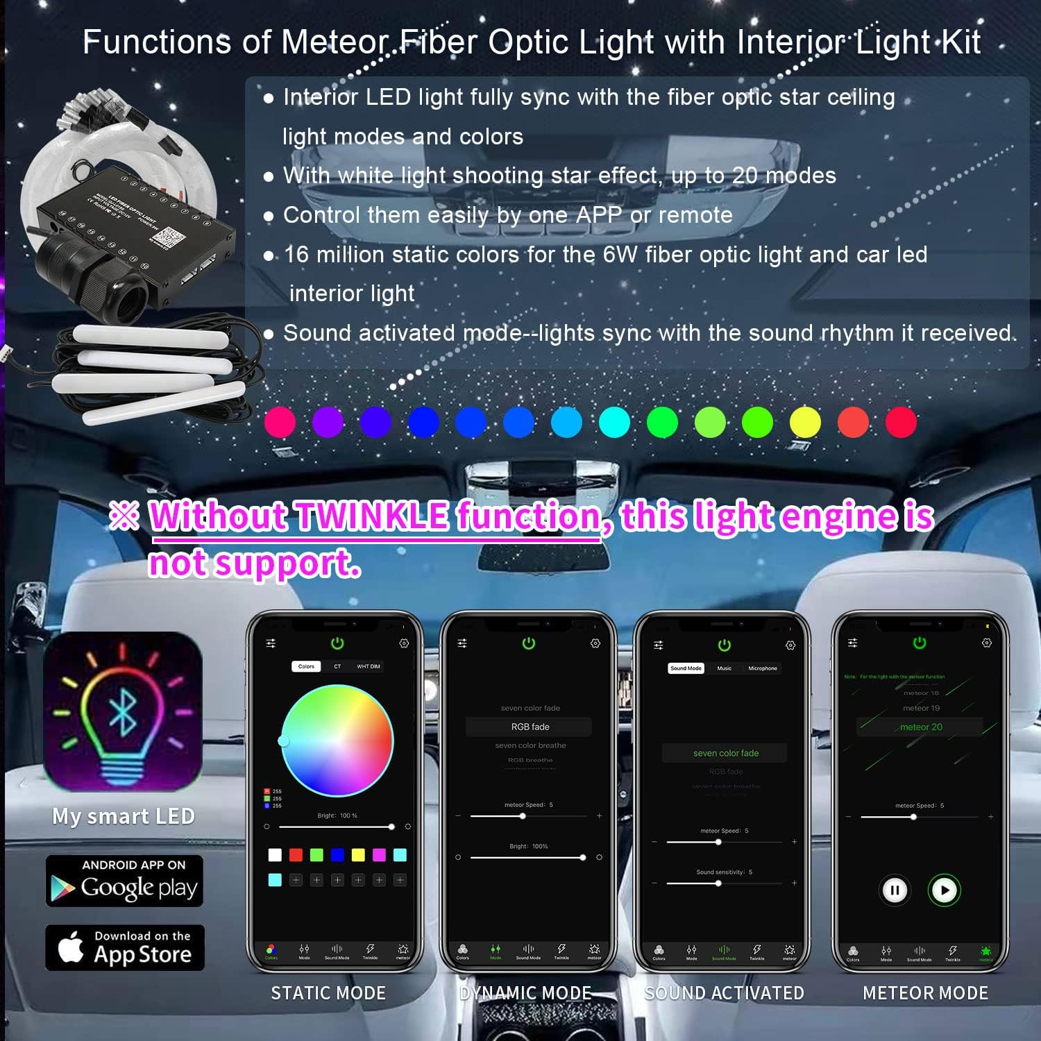 AKEPO Kit de luces de fibra óptica 3 en 1, sincronización de música activada bajo el tablero, luces interiores LED para el interior del automóvil y