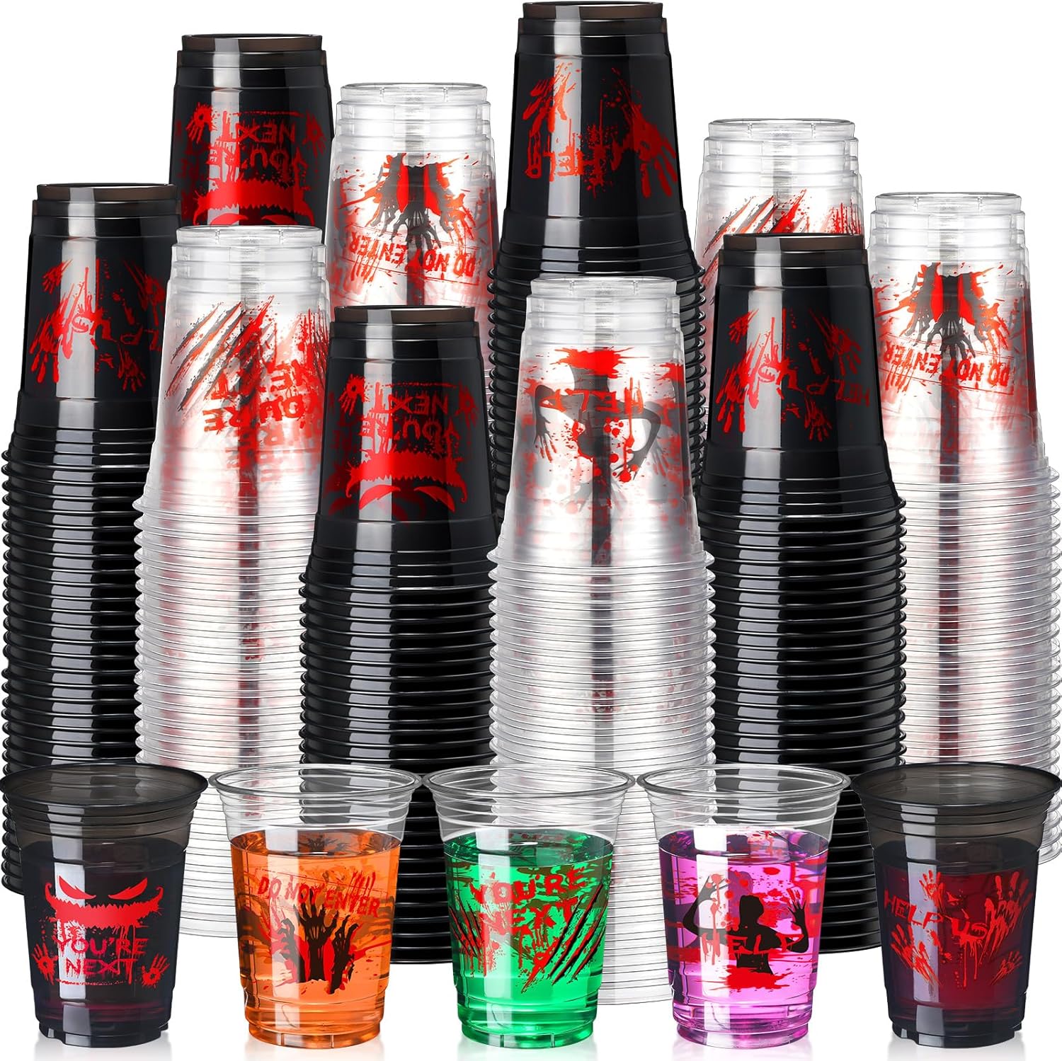 Sliner Paquete de 120 tazas de Halloween de 16 onzas con estampado de sangre de plástico con estampado de mano sangrienta, vasos desechables para