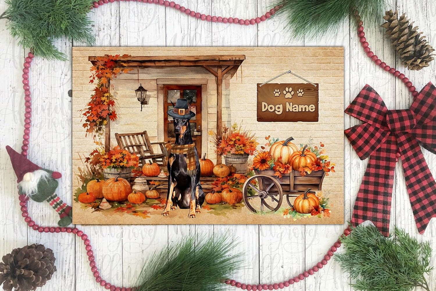 Tapete personalizado para puerta de perro de Acción de Gracias, Doberman Pinscher, tapete de otoño antideslizante, divertido tapete de entrada de