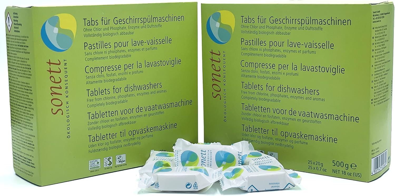 Sonett – Tabletas orgánicas para lavavajillas, 25 unidades, limpieza profunda, aroma fresco, 25 tabletas x 0.67 onzas, 18 onzas líquidas (1 unidad)