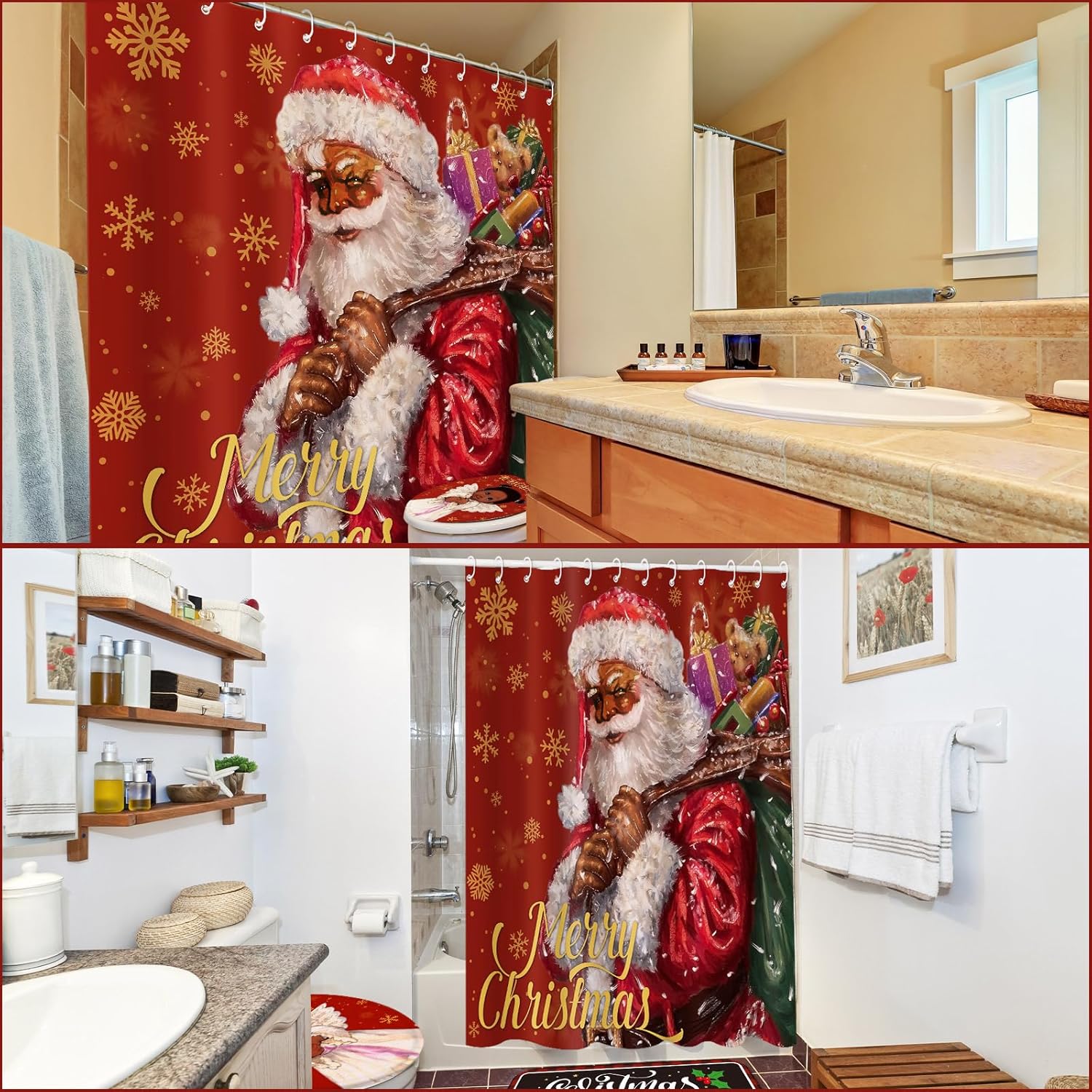 Preboun Juego de cortina de ducha de Navidad de Papá Noel, 72 x 72 pulgadas, cortina de baño de Navidad con 12 ganchos antideslizante, cubierta para