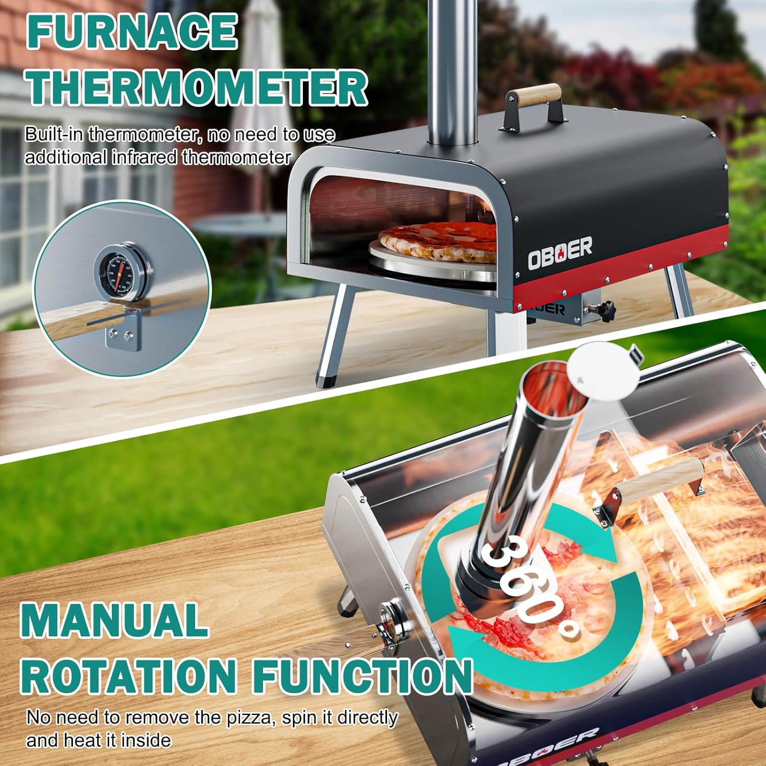 NAIZEA Horno de pizza al aire libre, máquina de pizza multicombustible de 13 pulgadas, hornos de pizza giratorios, horno portátil de madera y gas