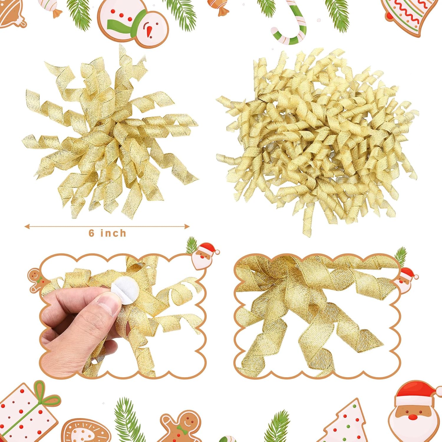 Xinnun 24 lazos para envoltura de regalos, lazo rizado de Navidad de 6 pulgadas, lazos de regalo autoadhesivos con purpurina para manualidades,
