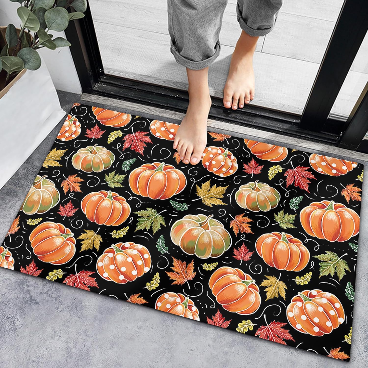 Bath Rugs Entrance Non Slip Front Door Mat Fall Thanksgiving Pumpkins Maple Leaf Seamless Kitchen Carpets Farm Harvest Floor Mats for Bathroom
