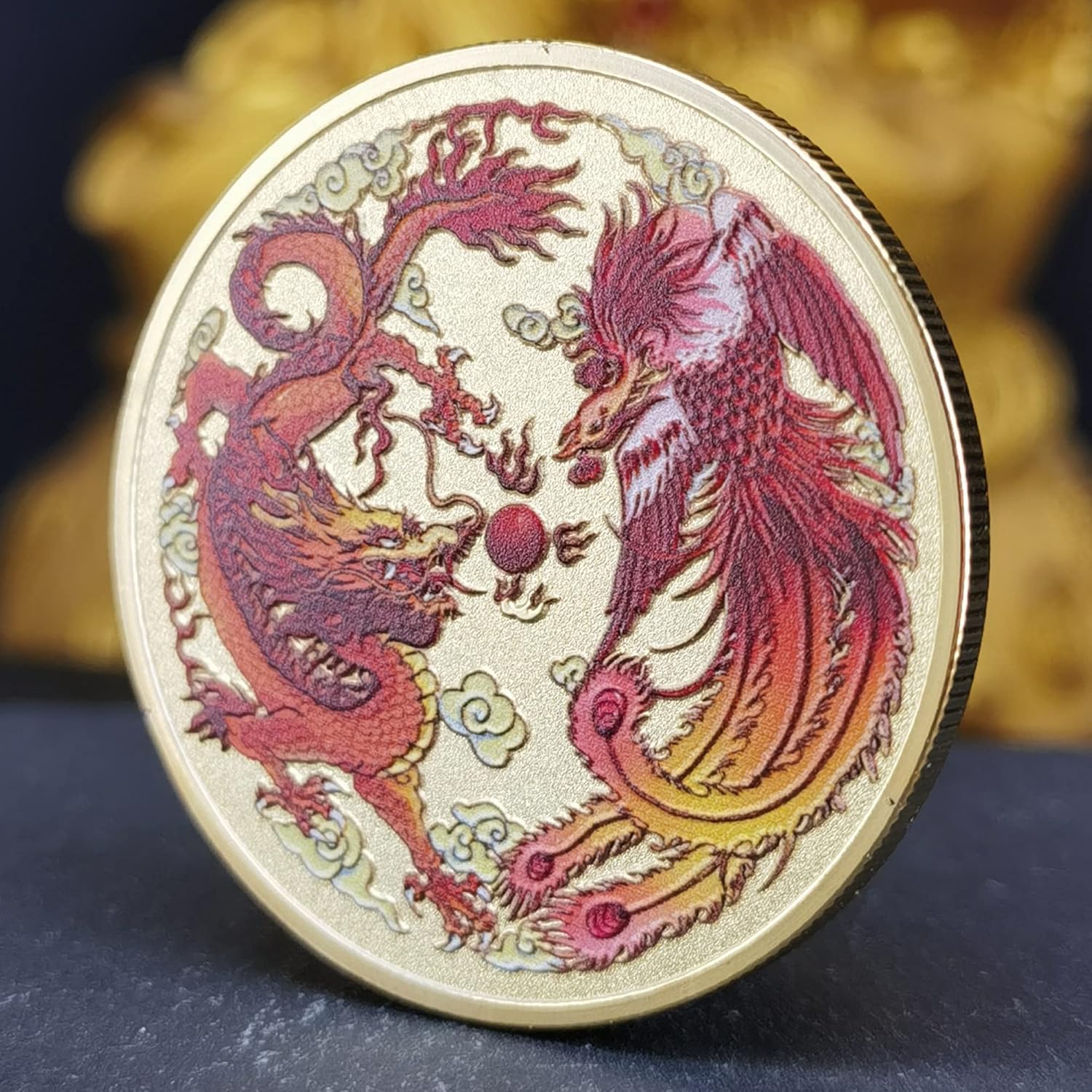 Colorido dragón chino y fénix moneda de la suerte – Rascador de boletos de lotería – Atrae buena fortuna – Moneda de desafío de buena suerte