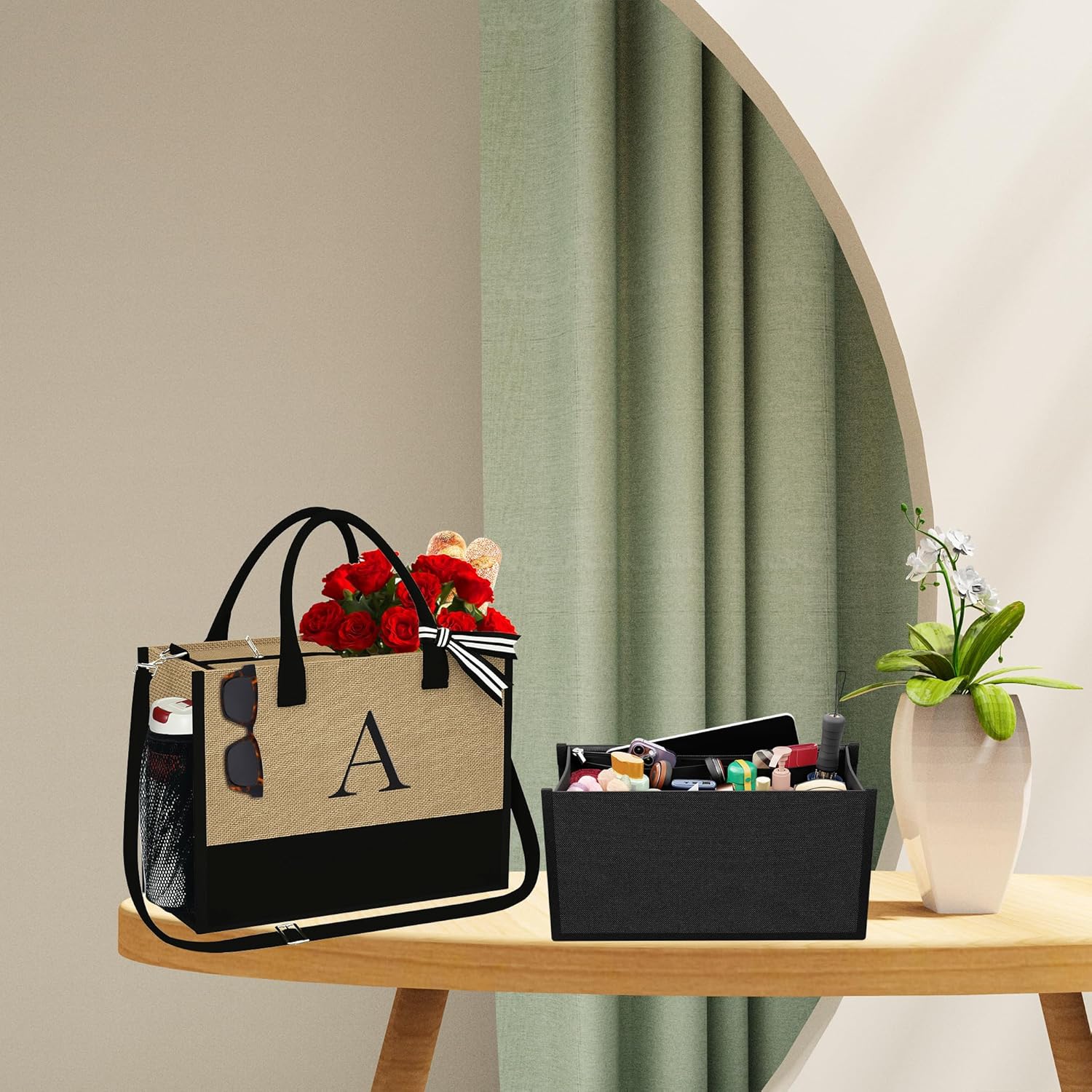 Bolsa de yute con inicial, con inserto organizador de bolsa, bolsa de viaje personalizada, regalos de cumpleaños para mujeres