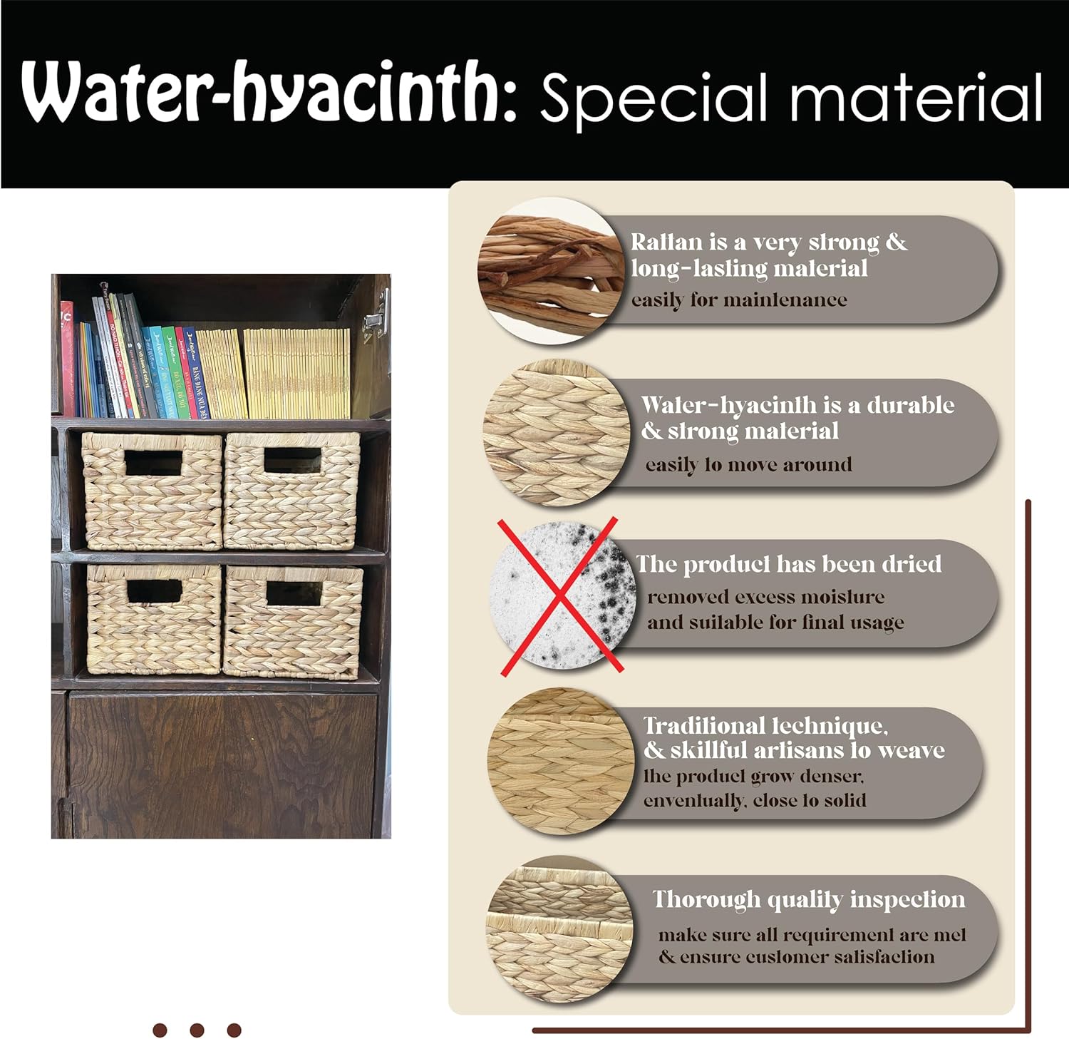 Juego de 2, cestas de almacenamiento de jacinto de agua natural, cestas de mimbre rectangulares, cestas de almacenamiento tejidas con asas