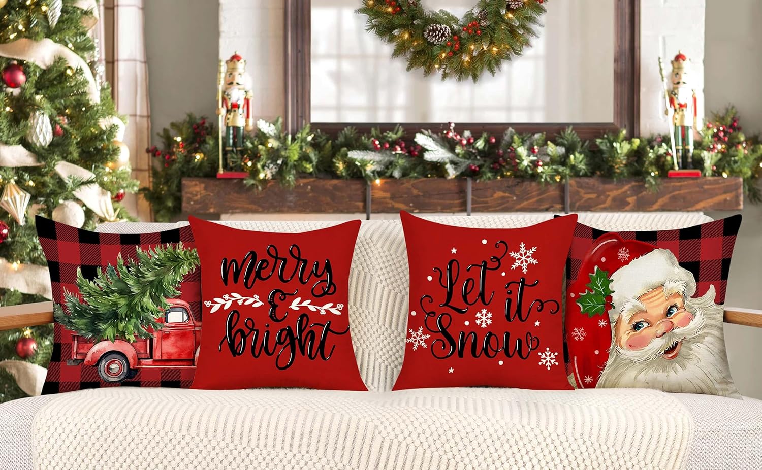 4TH Emotion Juego de 4 fundas de almohada navideñas de 18 x 18 pulgadas, decoración de Navidad de granja, diseño a cuadros rojos y negros, Papá